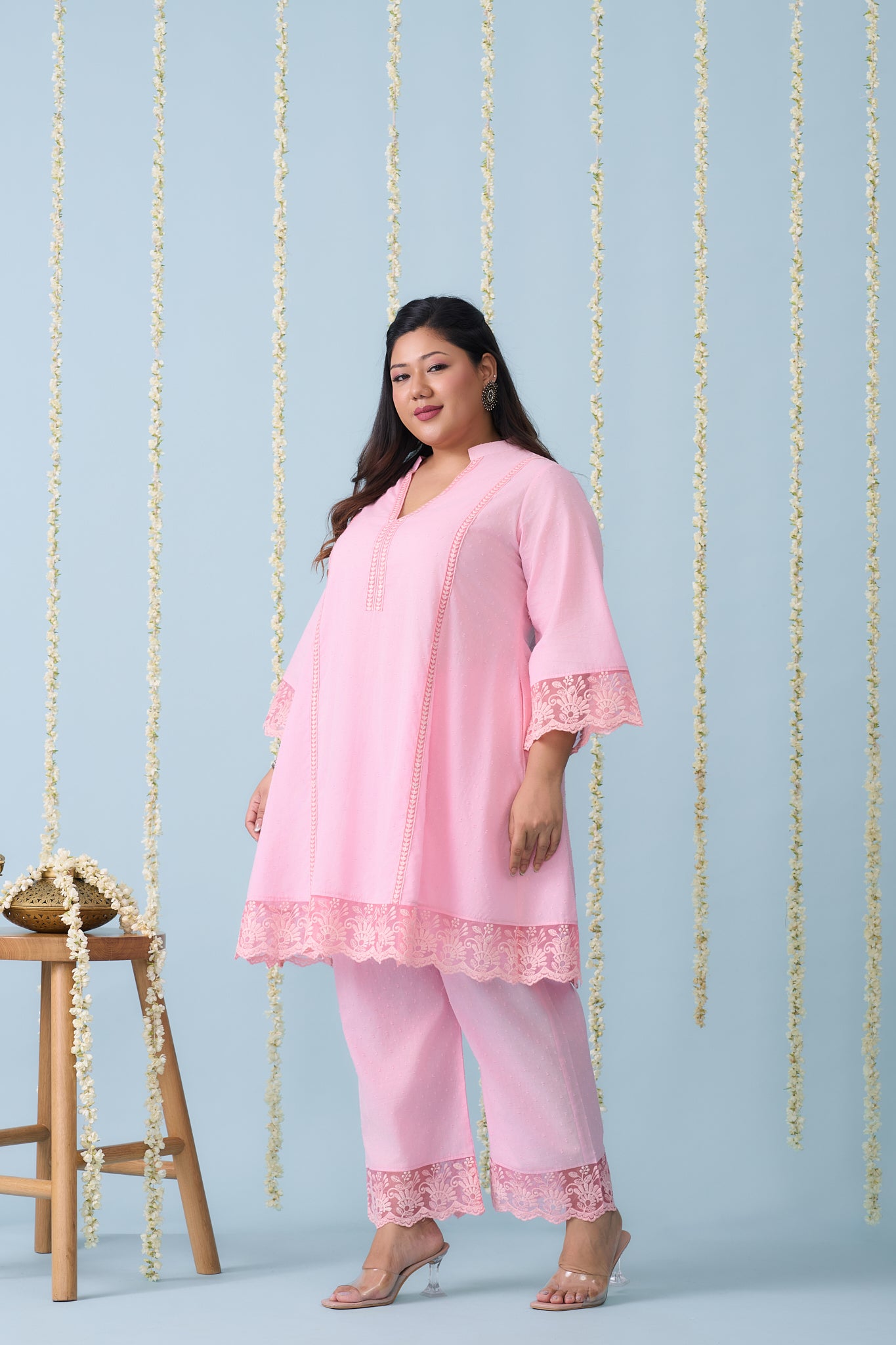 Baby Pink Festive Co-ord Set With Crochet Organza Lace