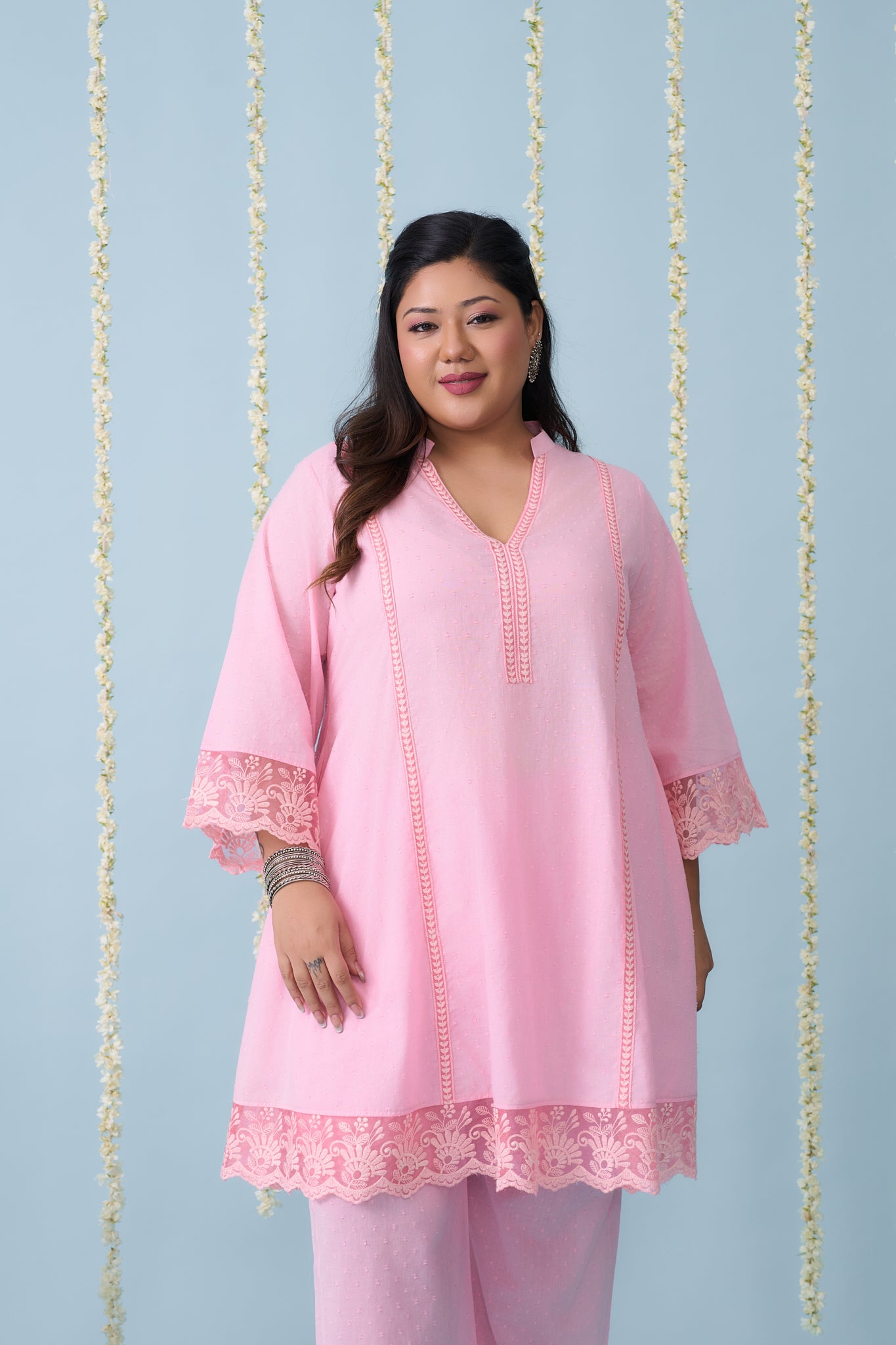 Baby Pink Festive Co-ord Set With Crochet Organza Lace