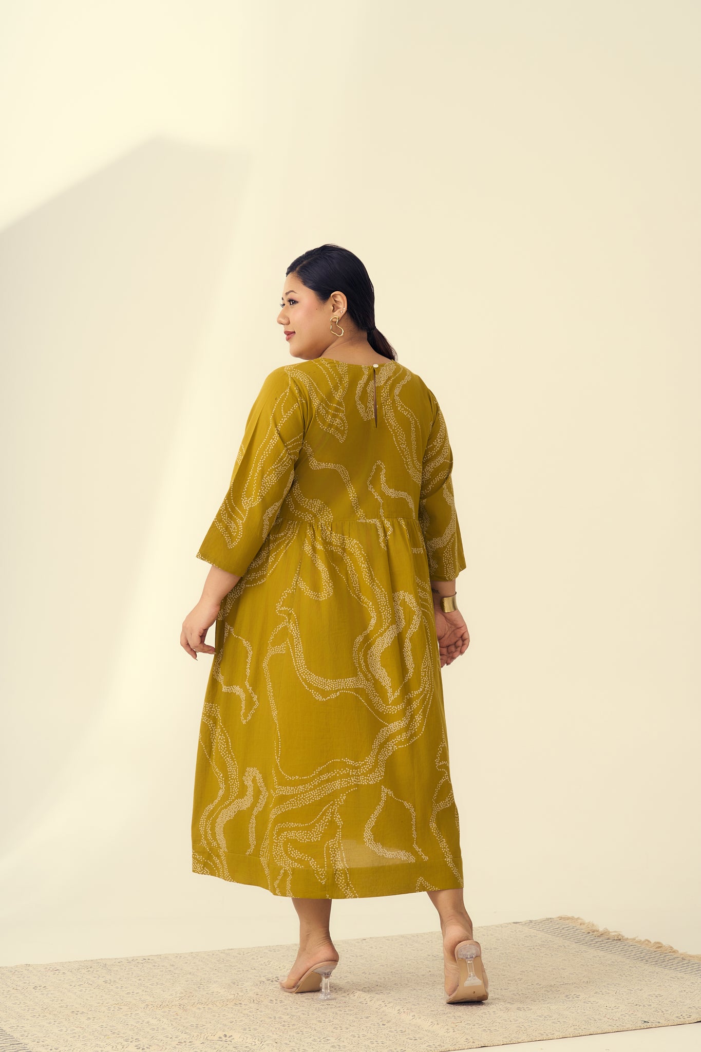 Abstract Print Mustard Cotton Midi Dress