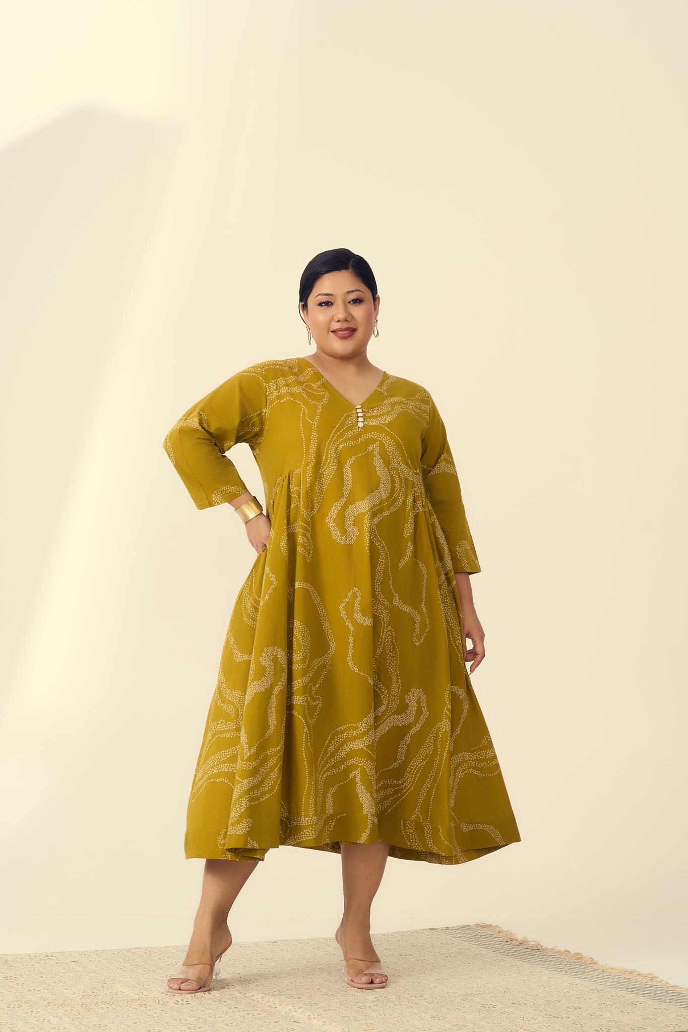Abstract Print Mustard Cotton Midi Dress