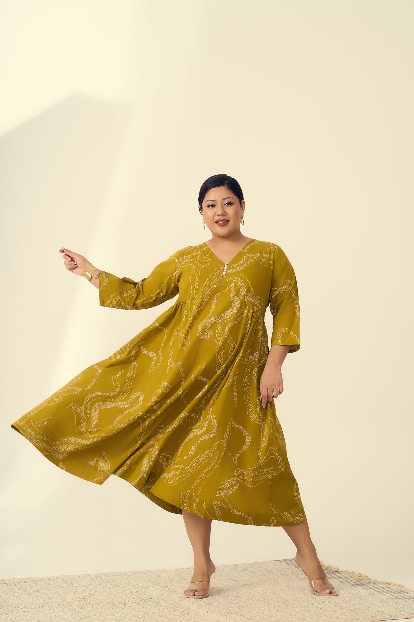 Abstract Print Mustard Cotton Midi Dress