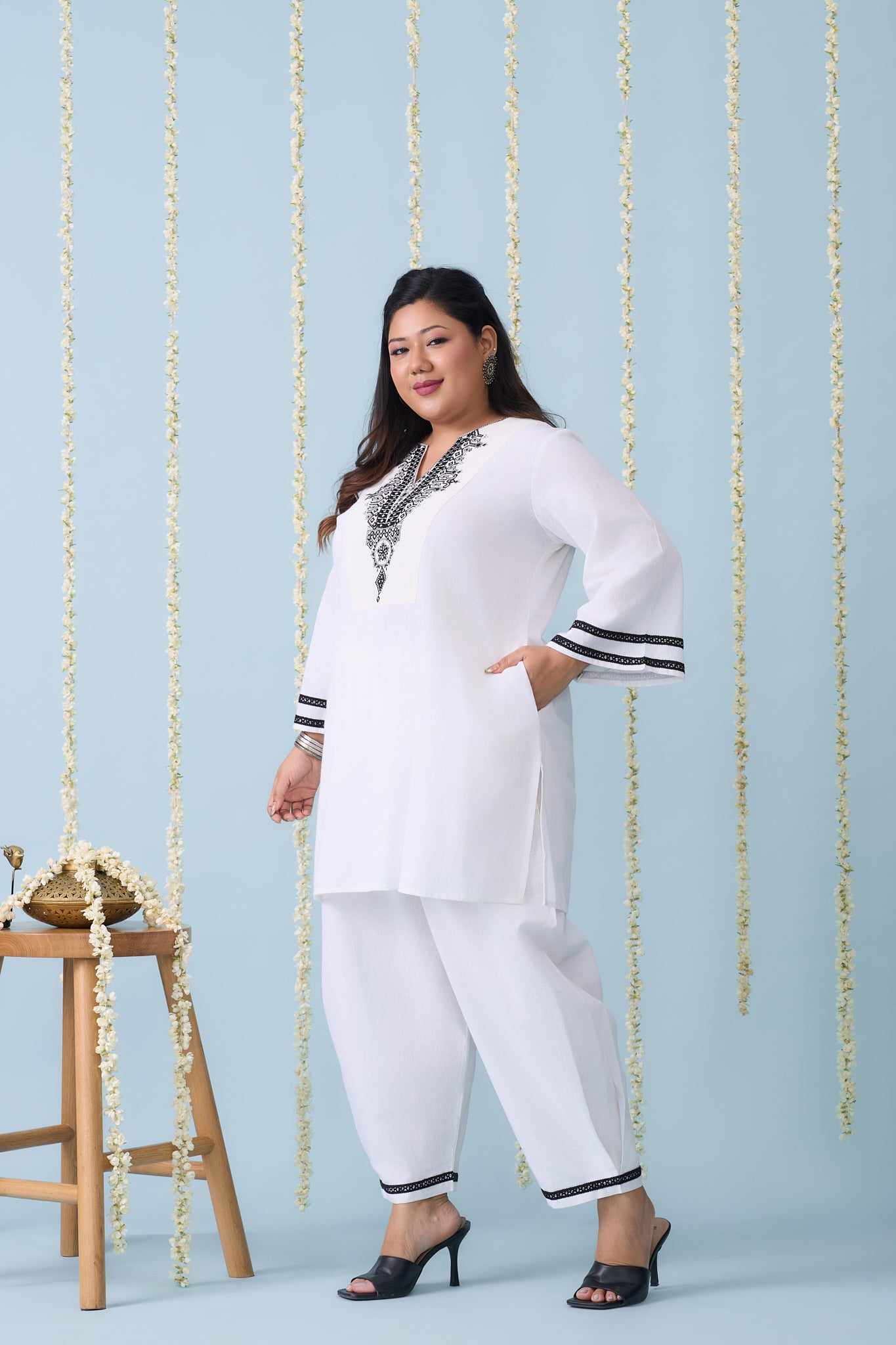 White Salwar Co-ord Set With Intricate Neck Embroidery(set of 2)