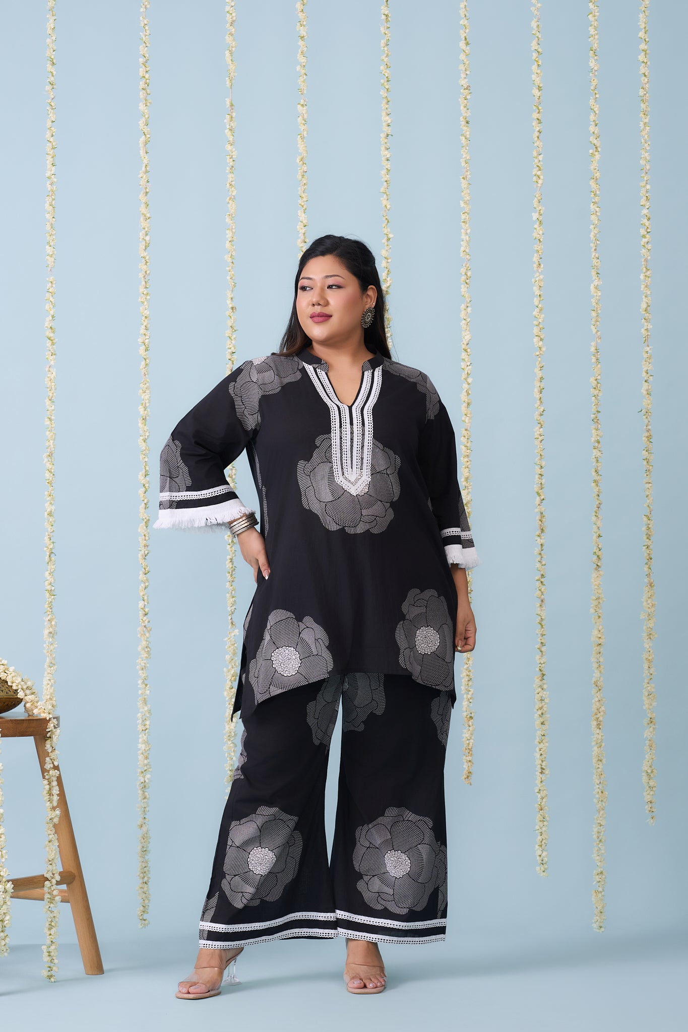 Black & White Co-ord Set With Floral Motifs