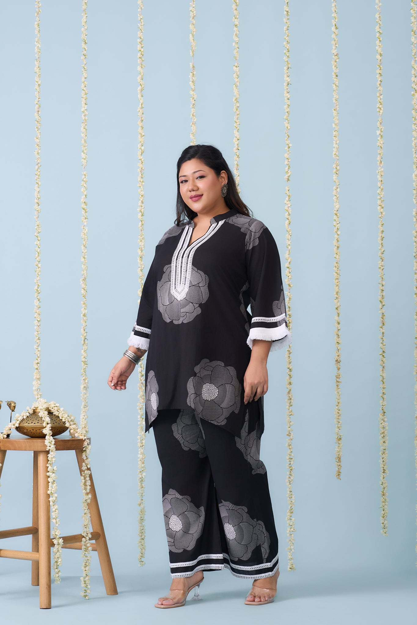 Black & White Co-ord Set With Floral Motifs