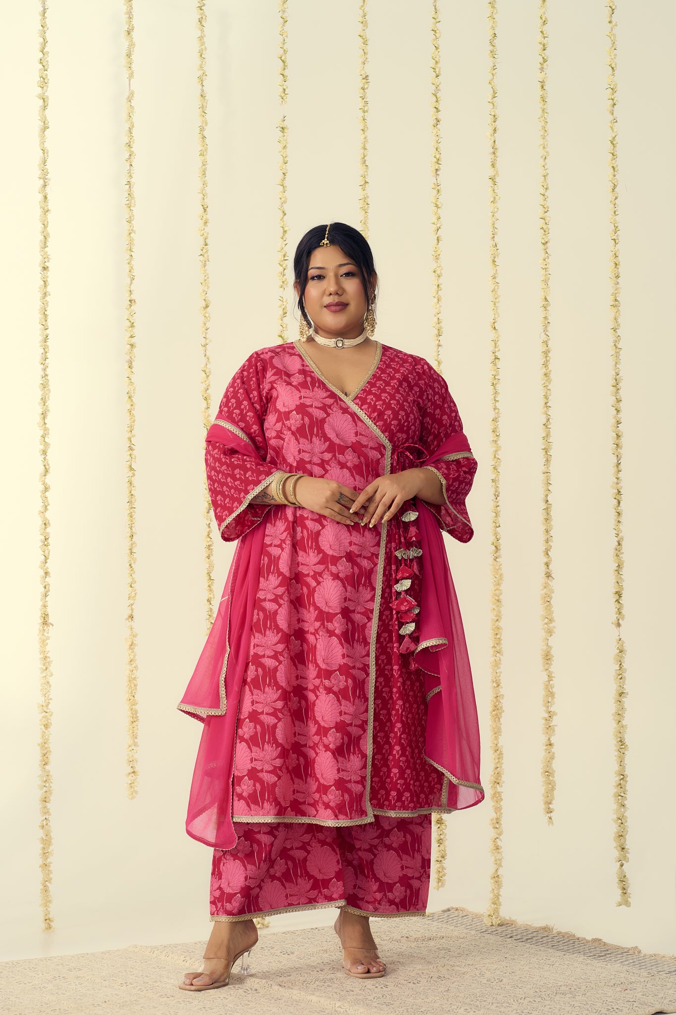 Vibrant Pink Angrakha Kurta Suit Set (3 Pc)