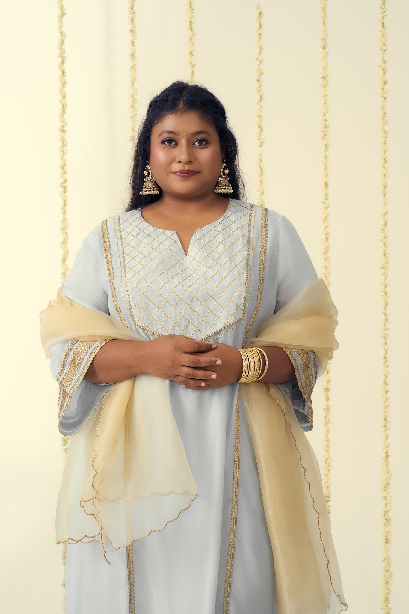 Blue and Gold Kurta Suit Set with Organza Dupatta