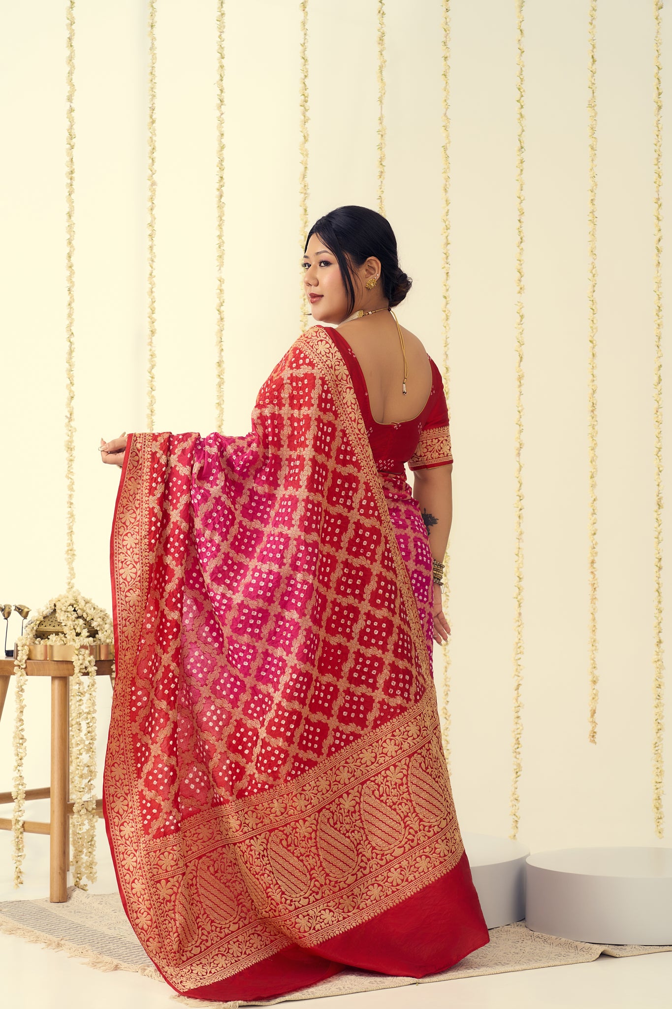 Regal Red & Pink Bandhani Benarasi Saree