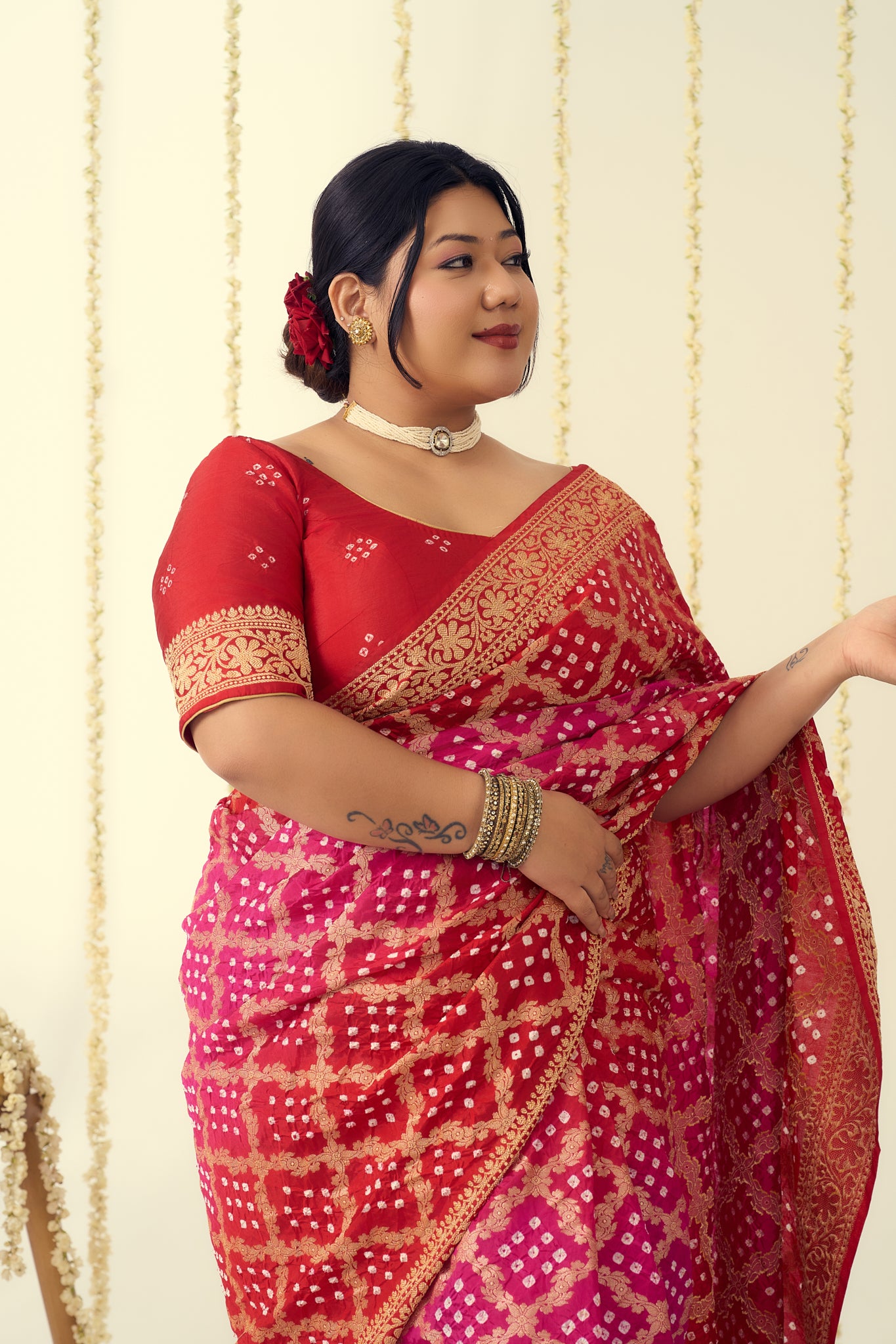 Regal Red & Pink Bandhani Benarasi Saree