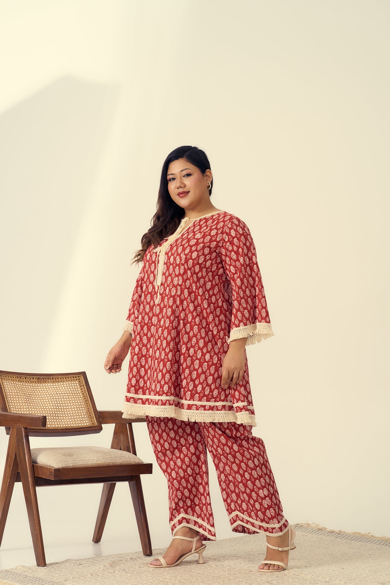 Red Boho Co-ord Set With Fringe Detailing