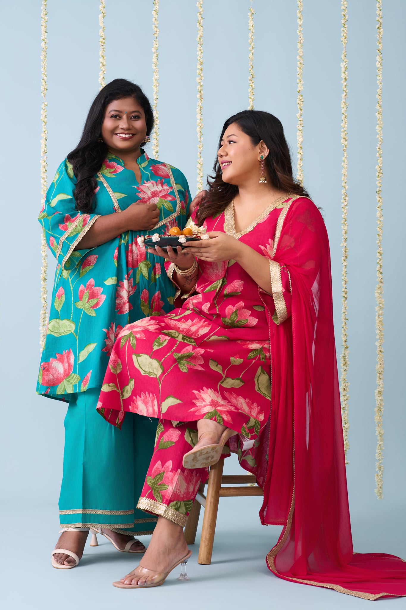 Rama Green Festive Co-ord Set With Bright Floral Print