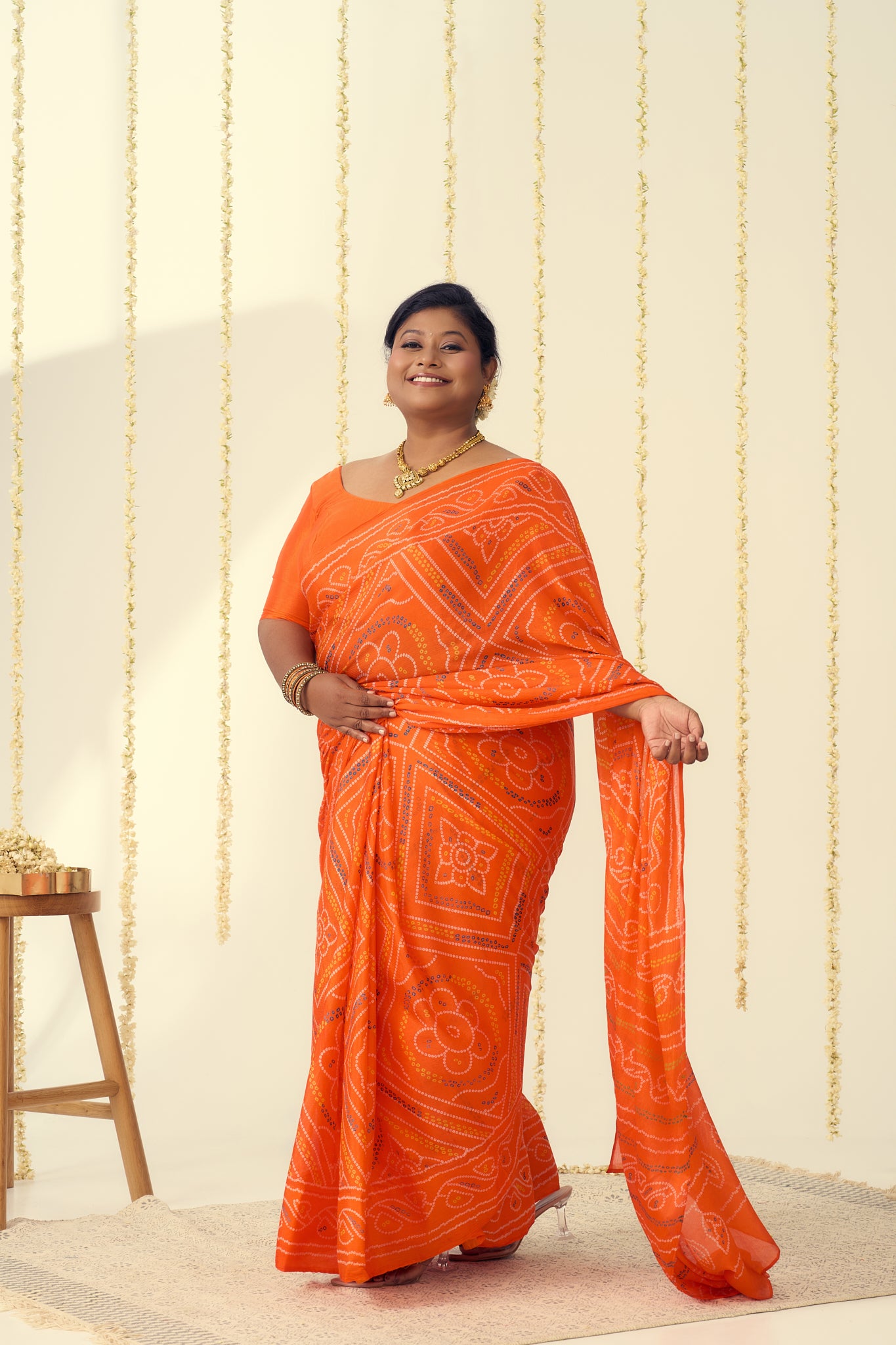 Vibrant Orange Bandhani Saree