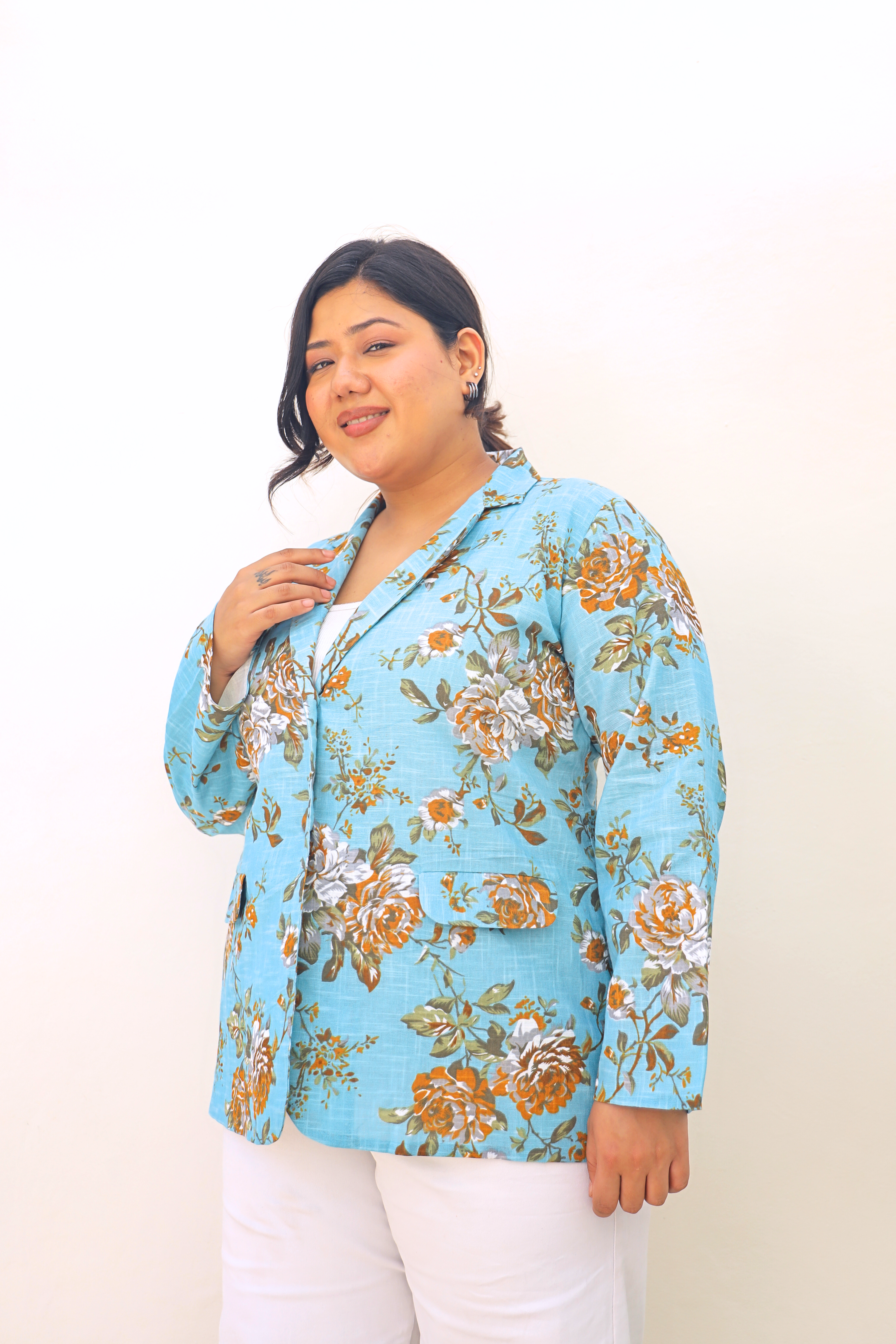 Aqua Floral Cotton Slub Tailored Blazer with Pockets