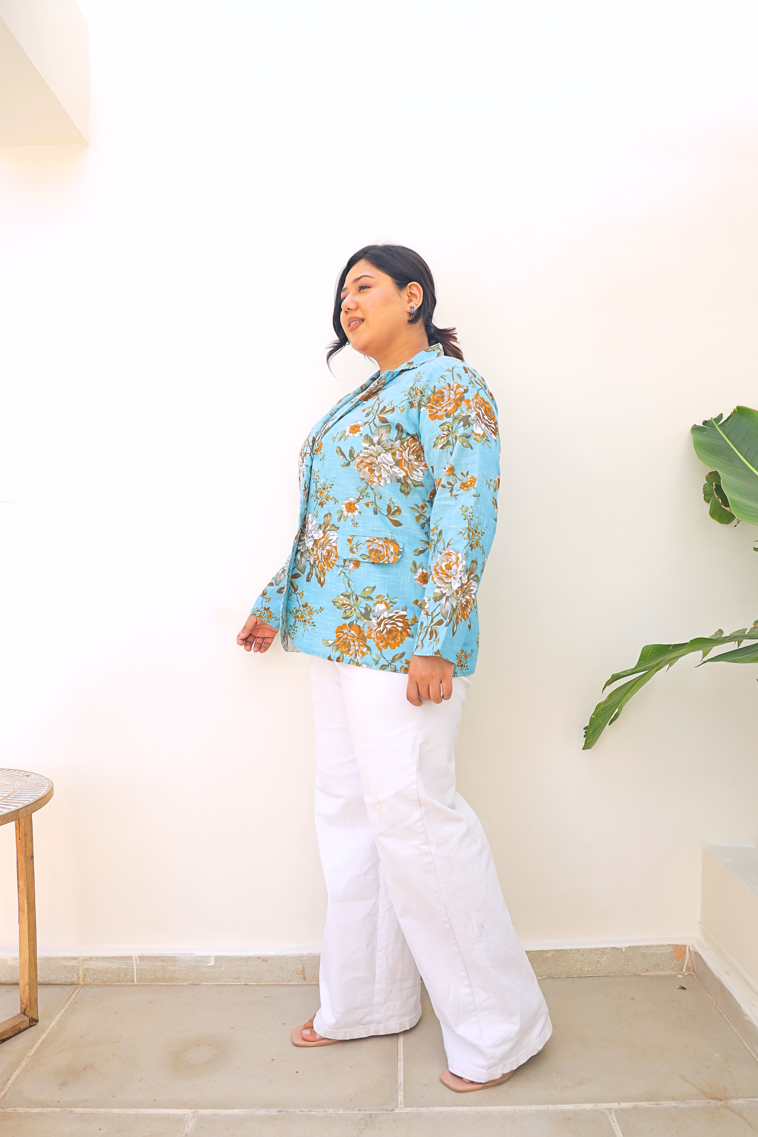 Aqua Floral Cotton Slub Tailored Blazer with Pockets