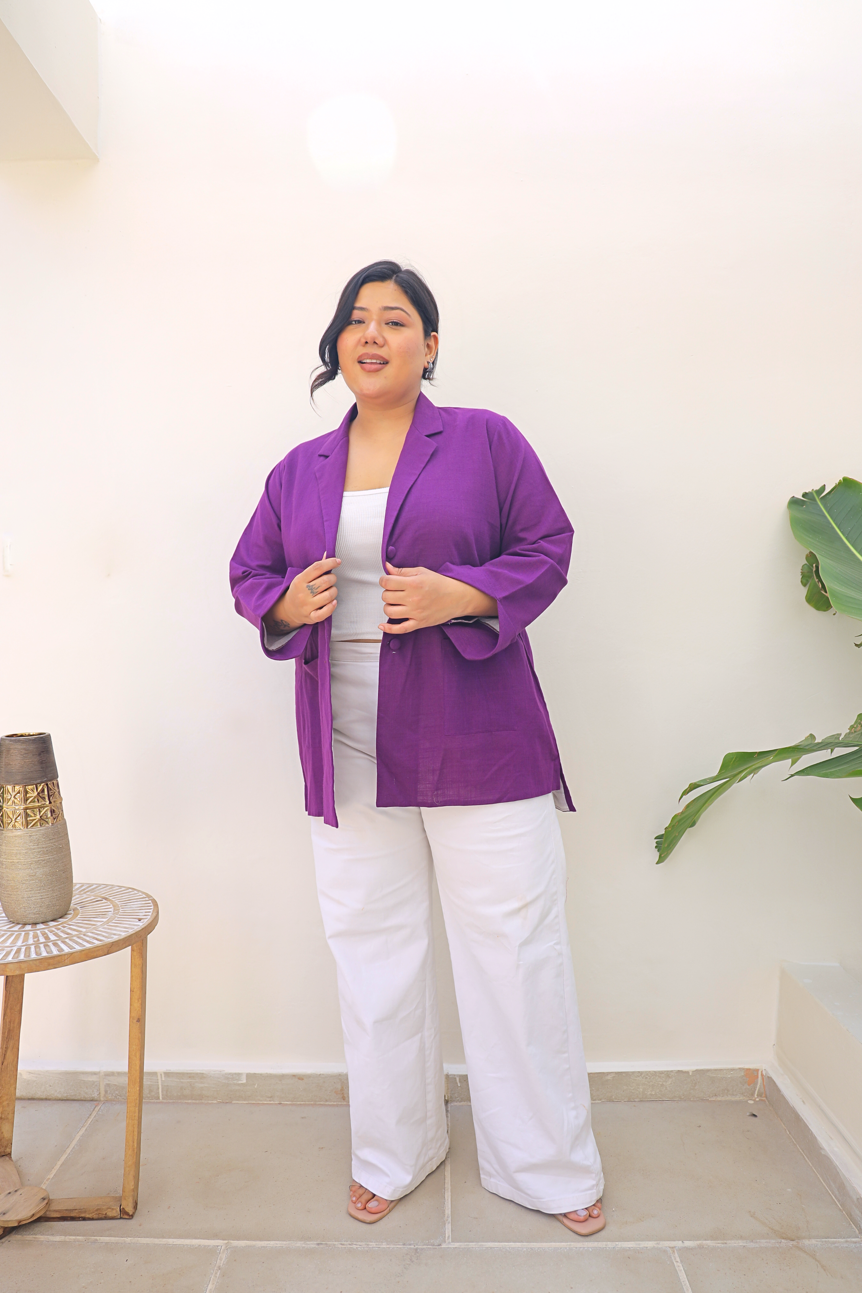 Purple Linen Tailored Longline Blazer with Pockets
