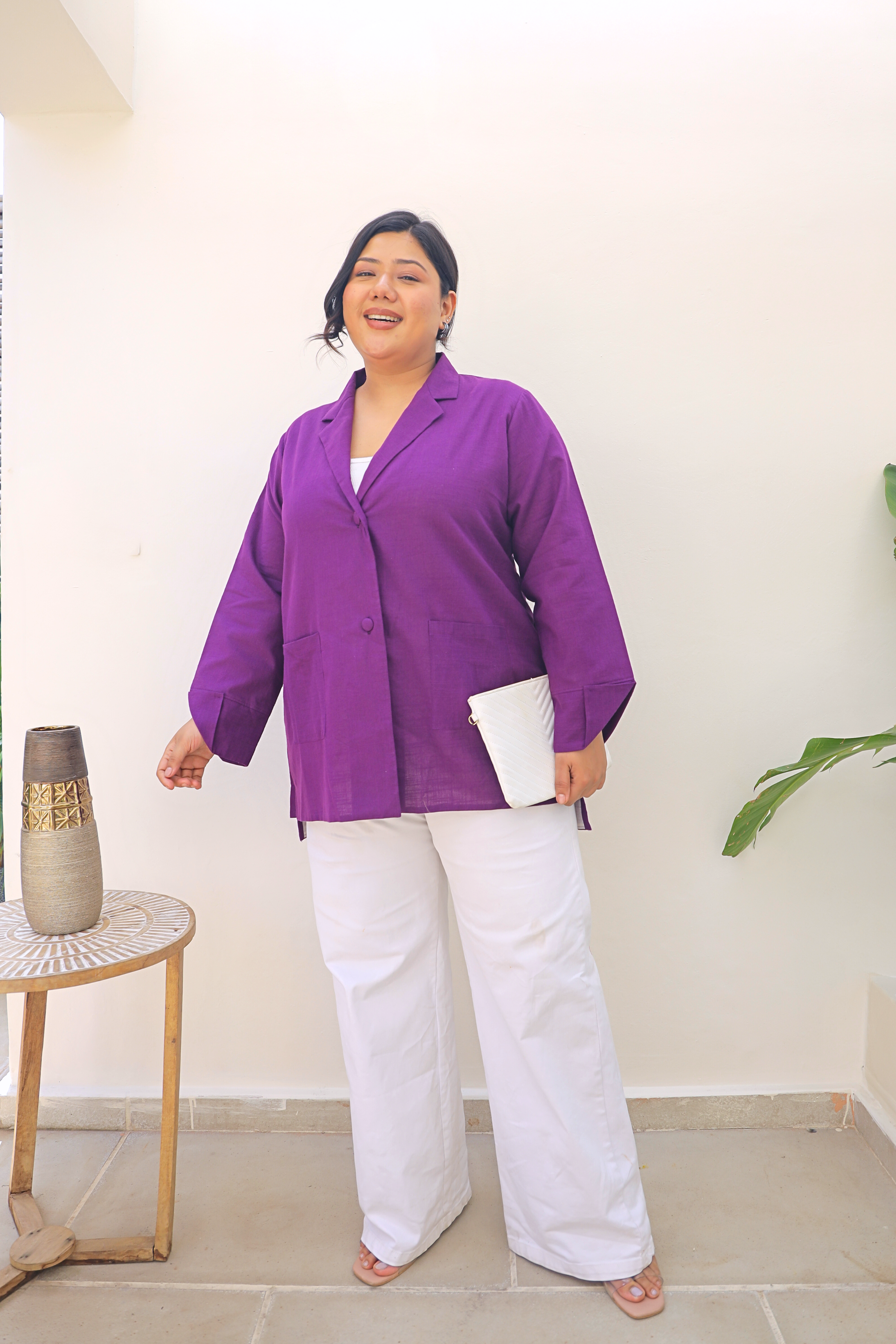 Purple Linen Tailored Longline Blazer with Pockets