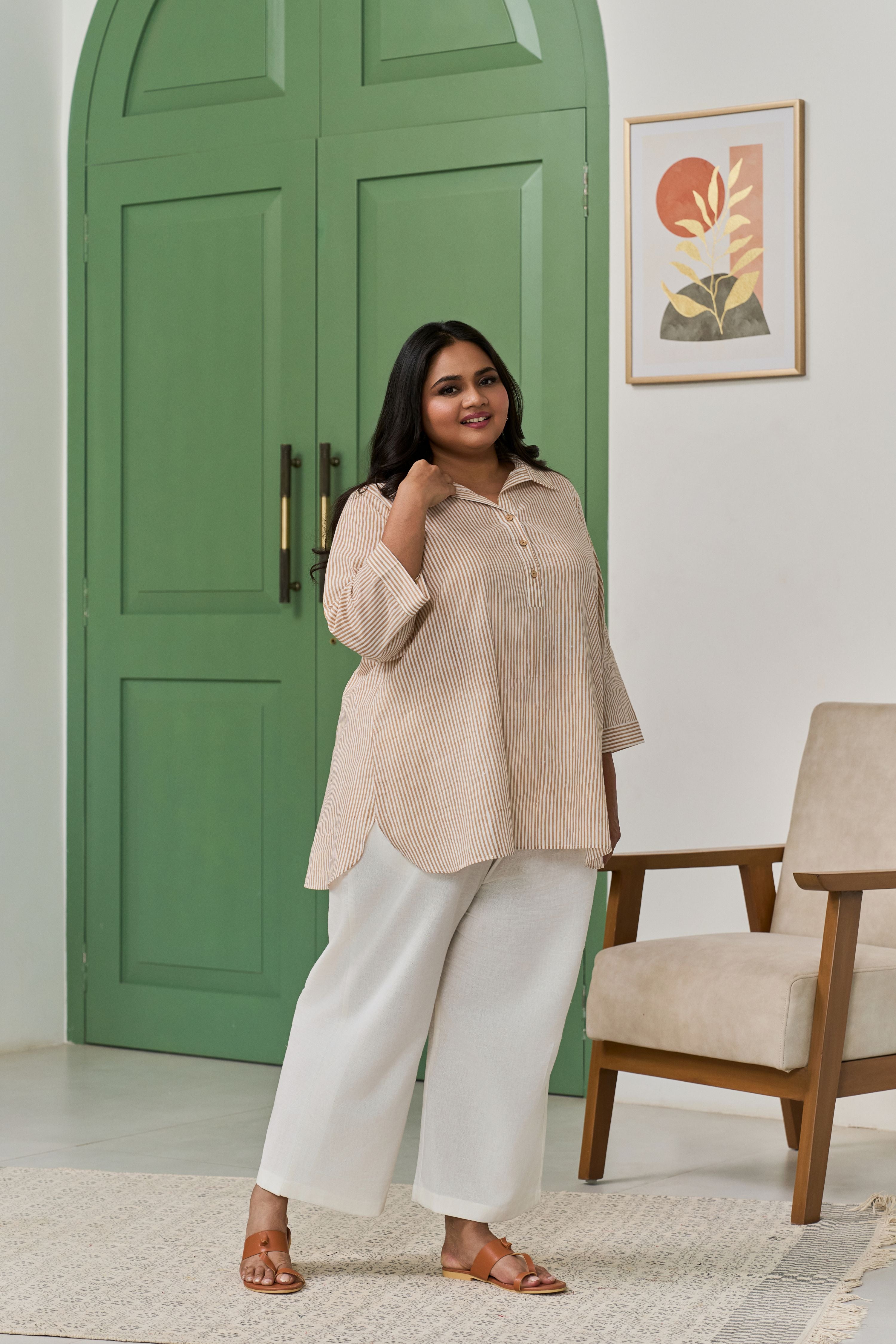 Brown Striped Hand Block Printed Top with Placket