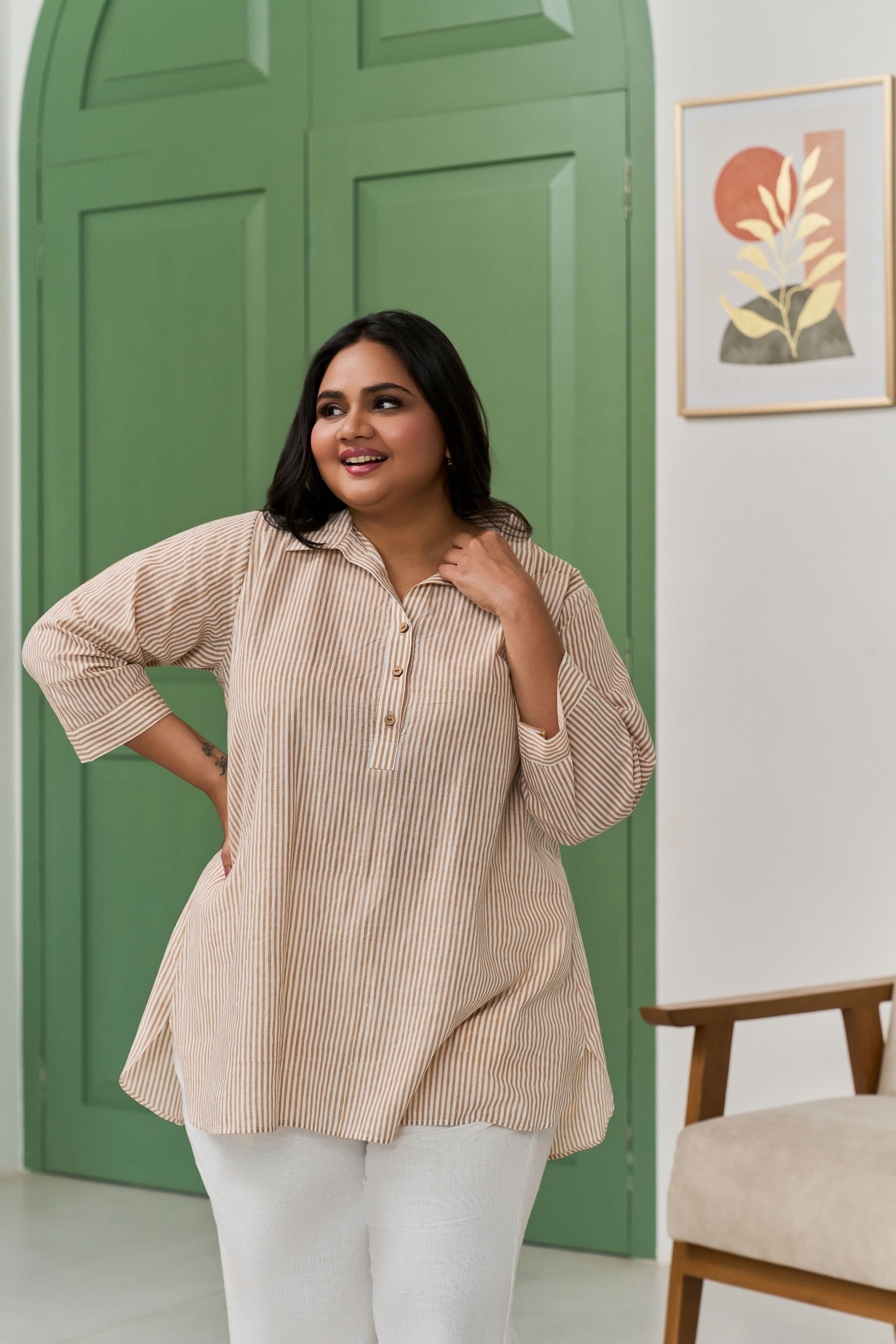 Brown Striped Hand Block Printed Top with Placket