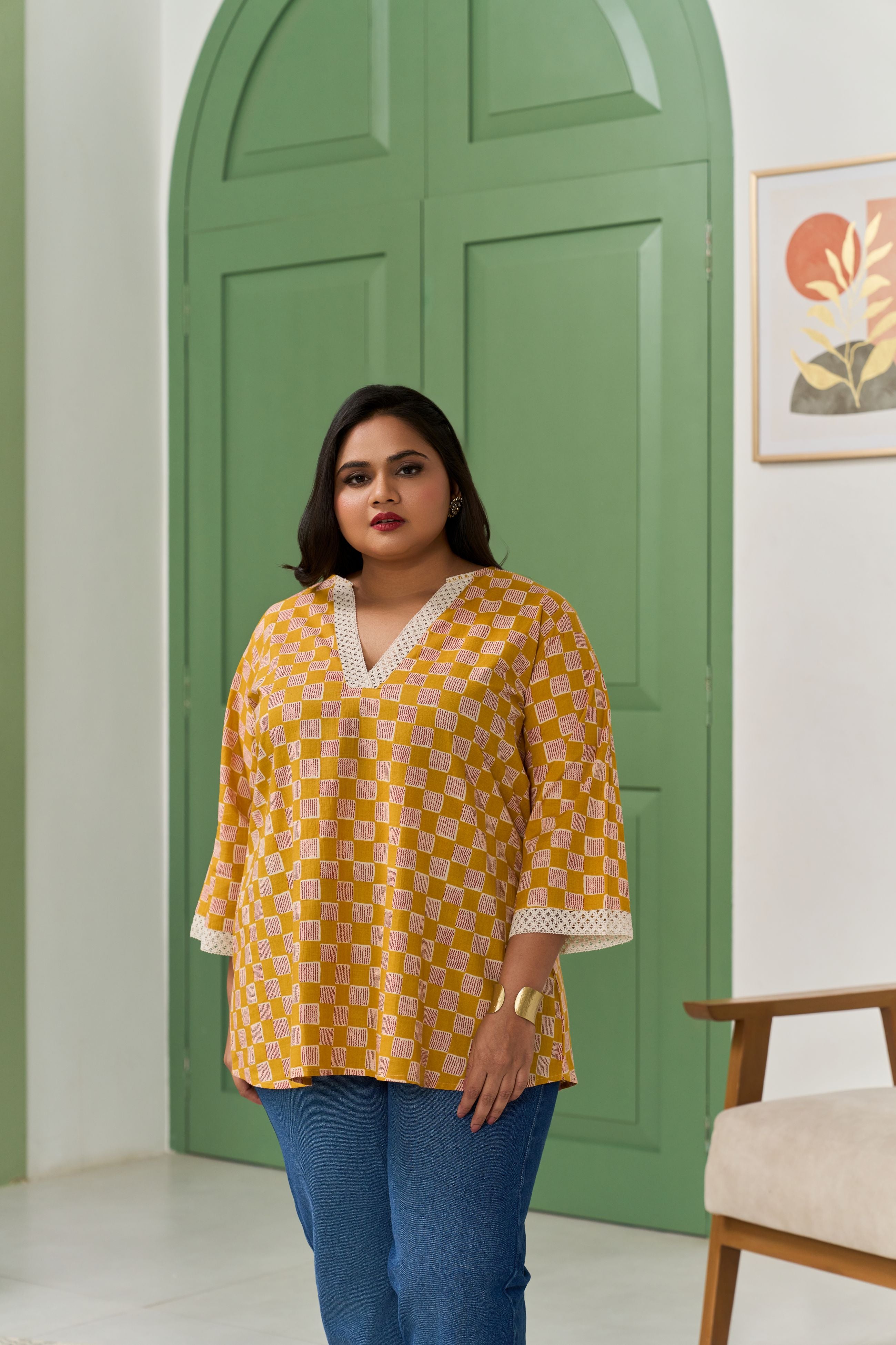 Mustard Crochet Lace Detailed Elegant Top