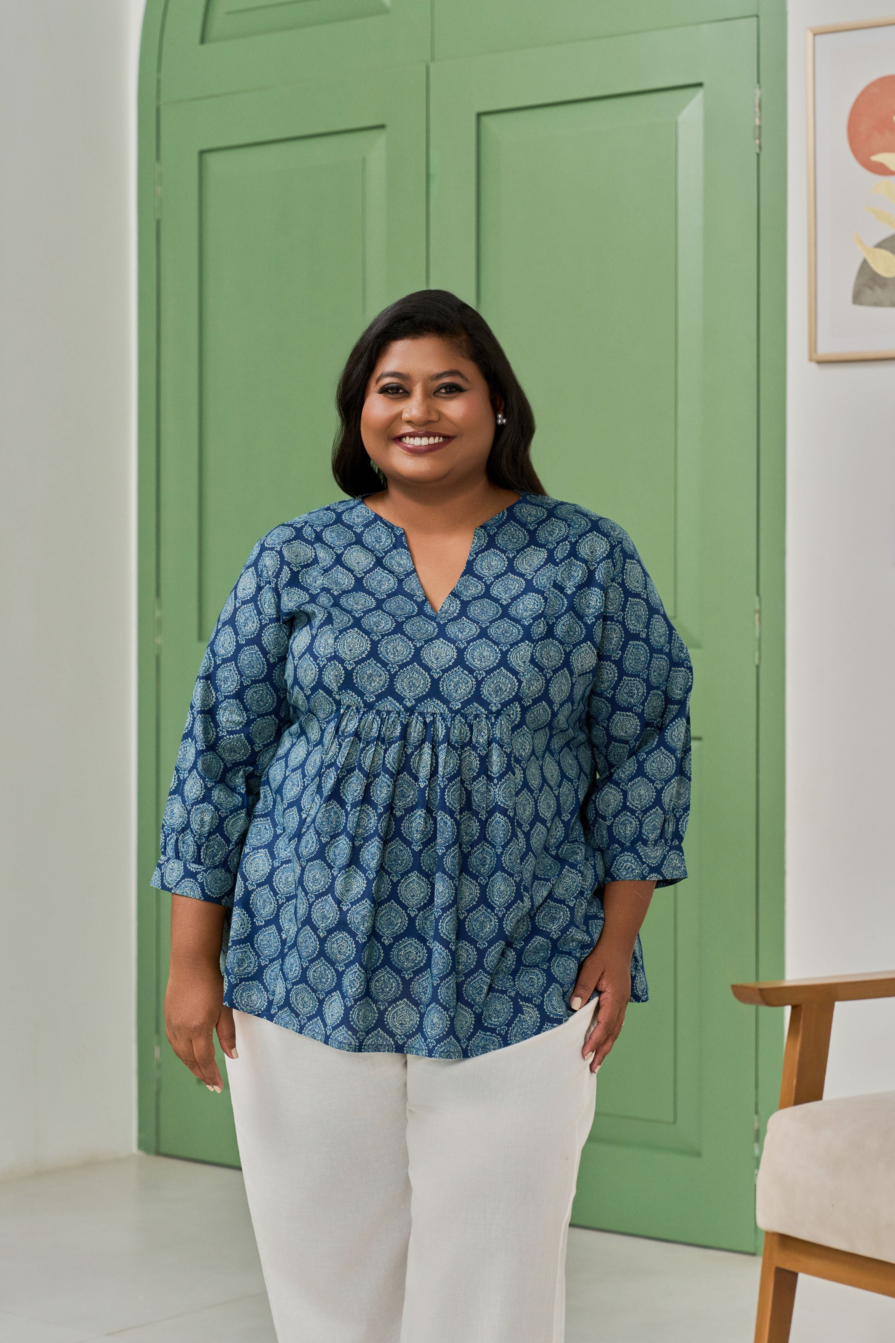 Indigo Blue Boota Print Cotton Peplum Top