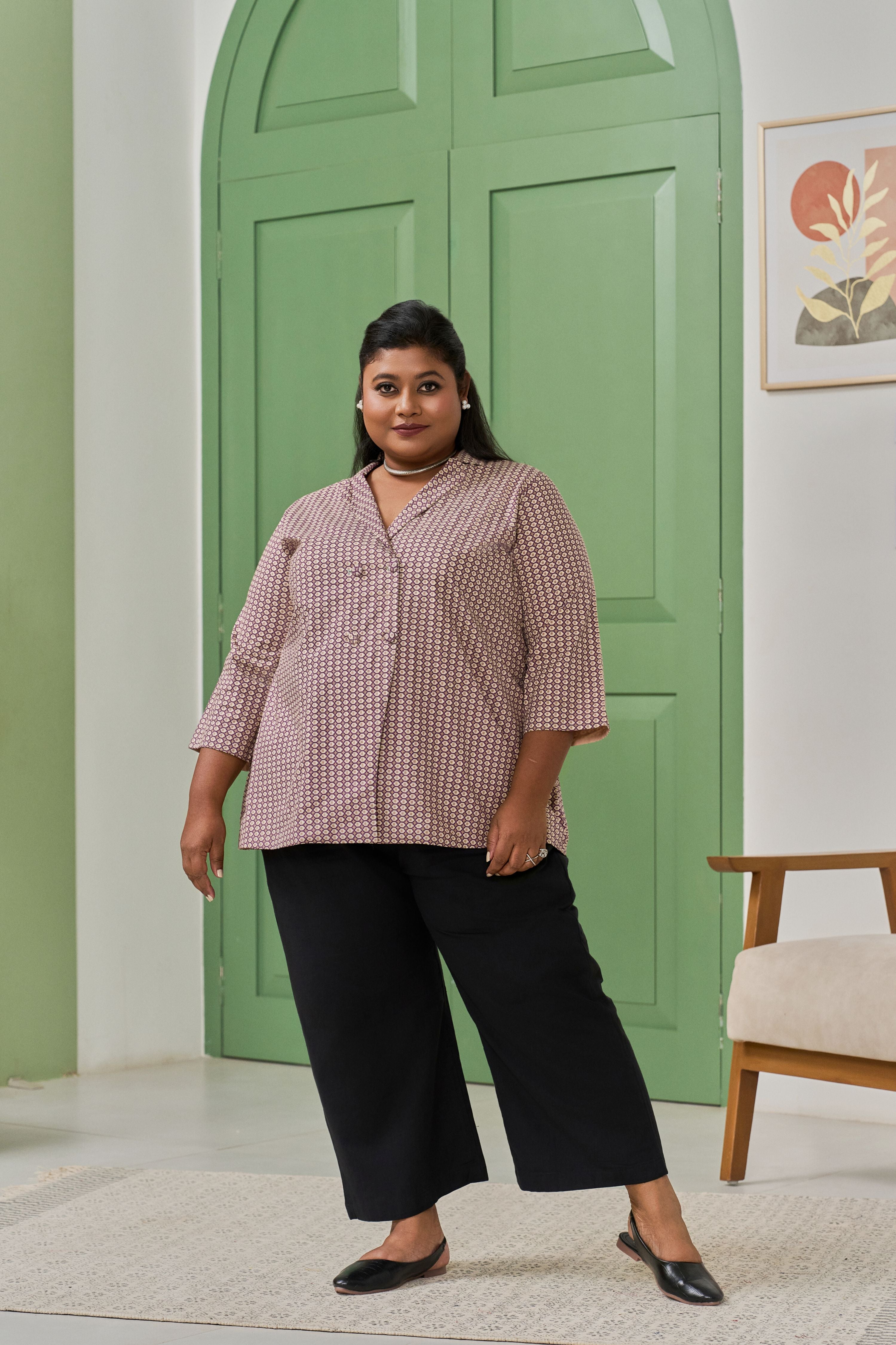 Wine Geometric Print Lapel Collar Blazer