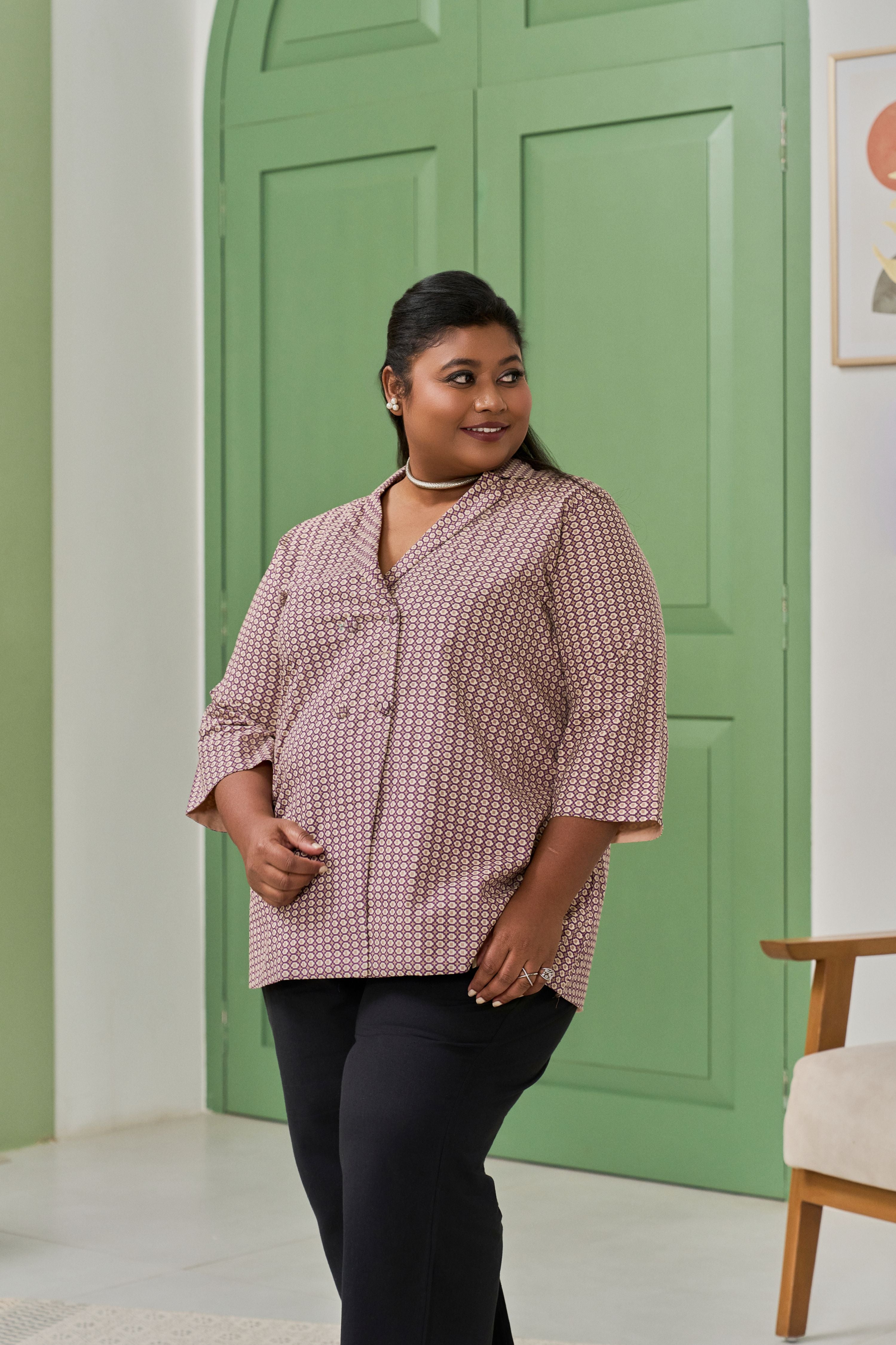 Wine Geometric Print Lapel Collar Blazer