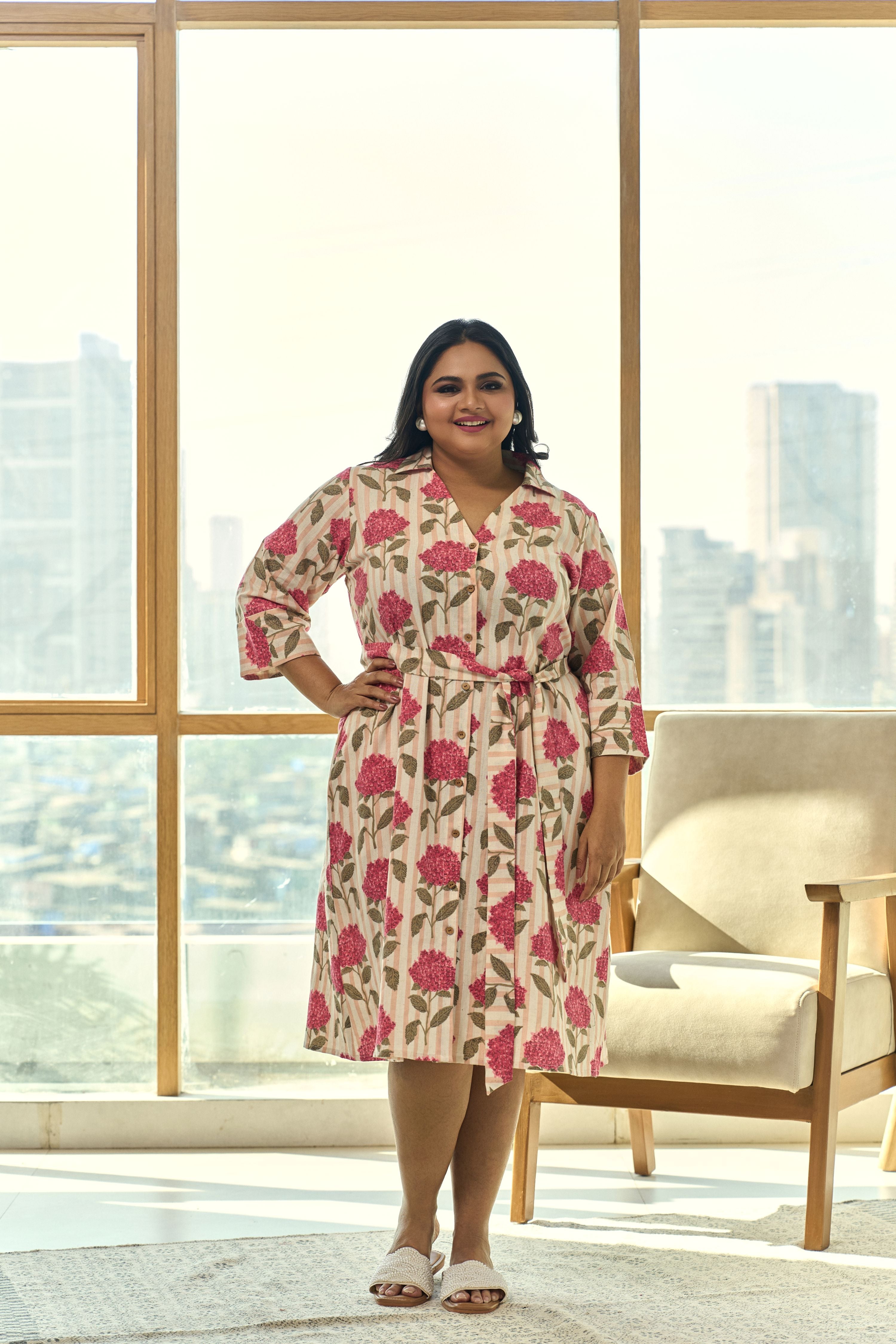 Chic Pink Floral Linen Shirt Dress with Belt – Elegant & Easy