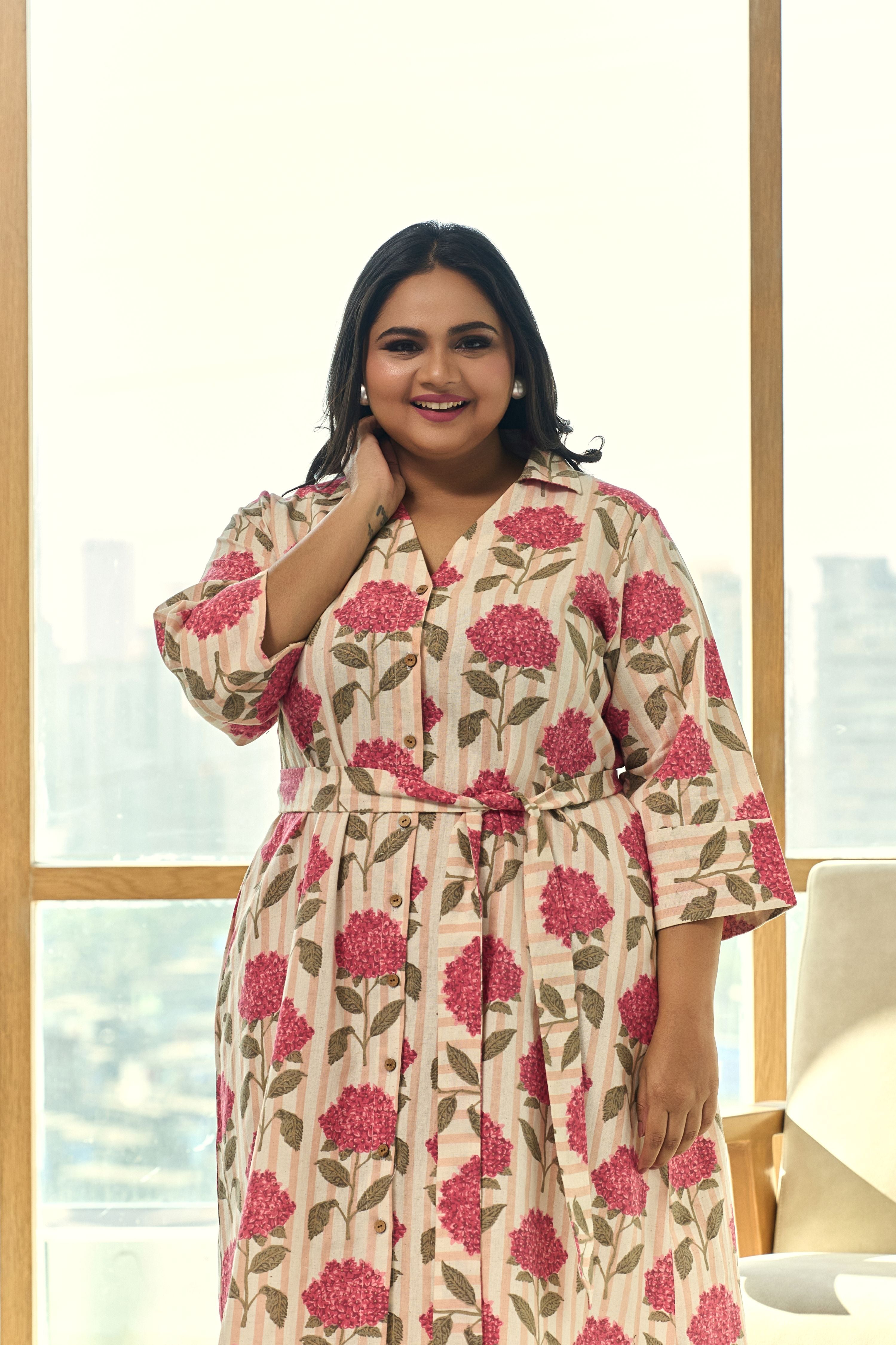 Chic Pink Floral Linen Shirt Dress with Belt – Elegant & Easy