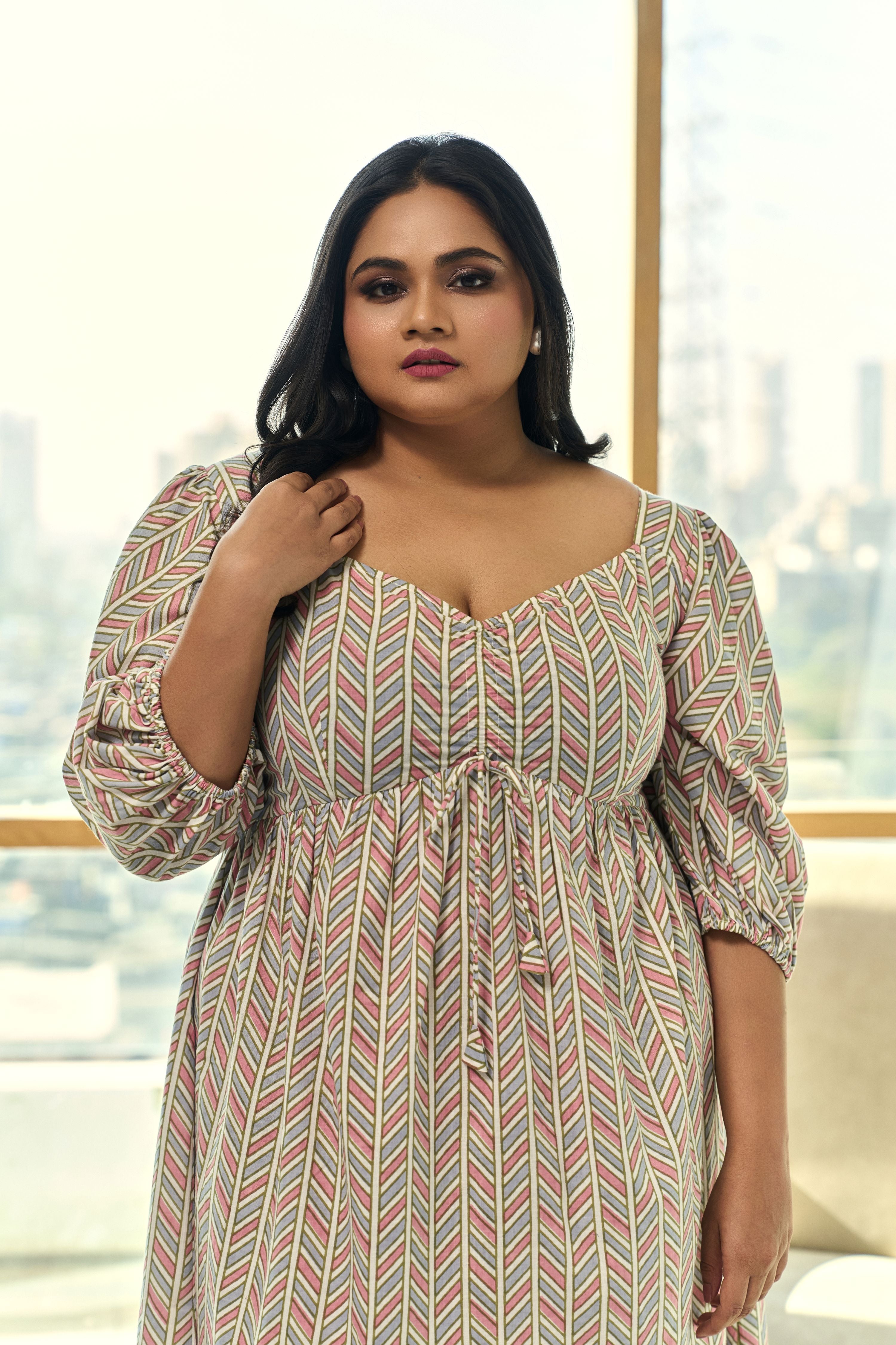 Muted Pink & Blue Chevron Print Short Dress