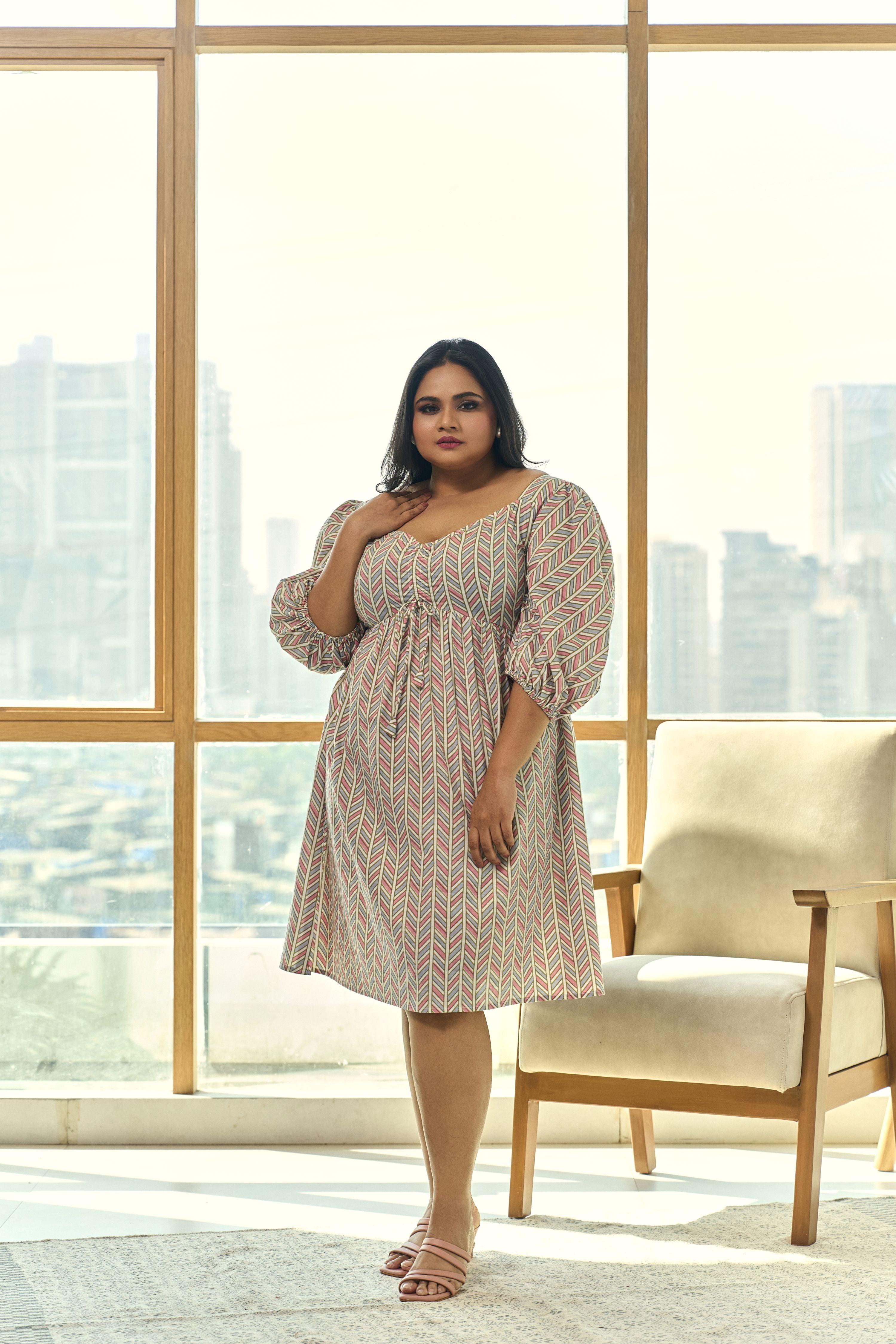 Muted Pink & Blue Chevron Print Short Dress