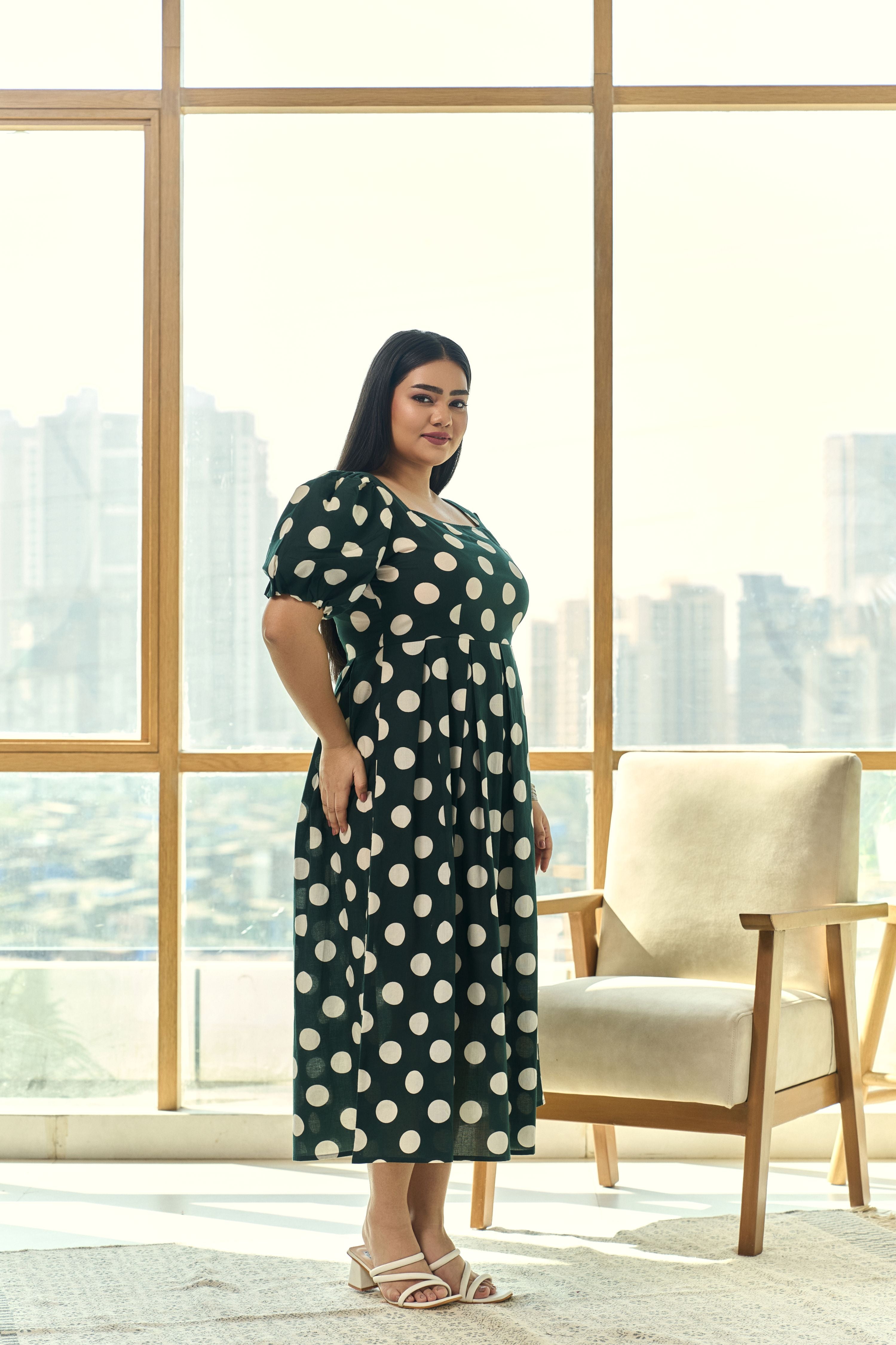 Timeless Polka Dot Green Cotton Maxi Dress with Puff Sleeves