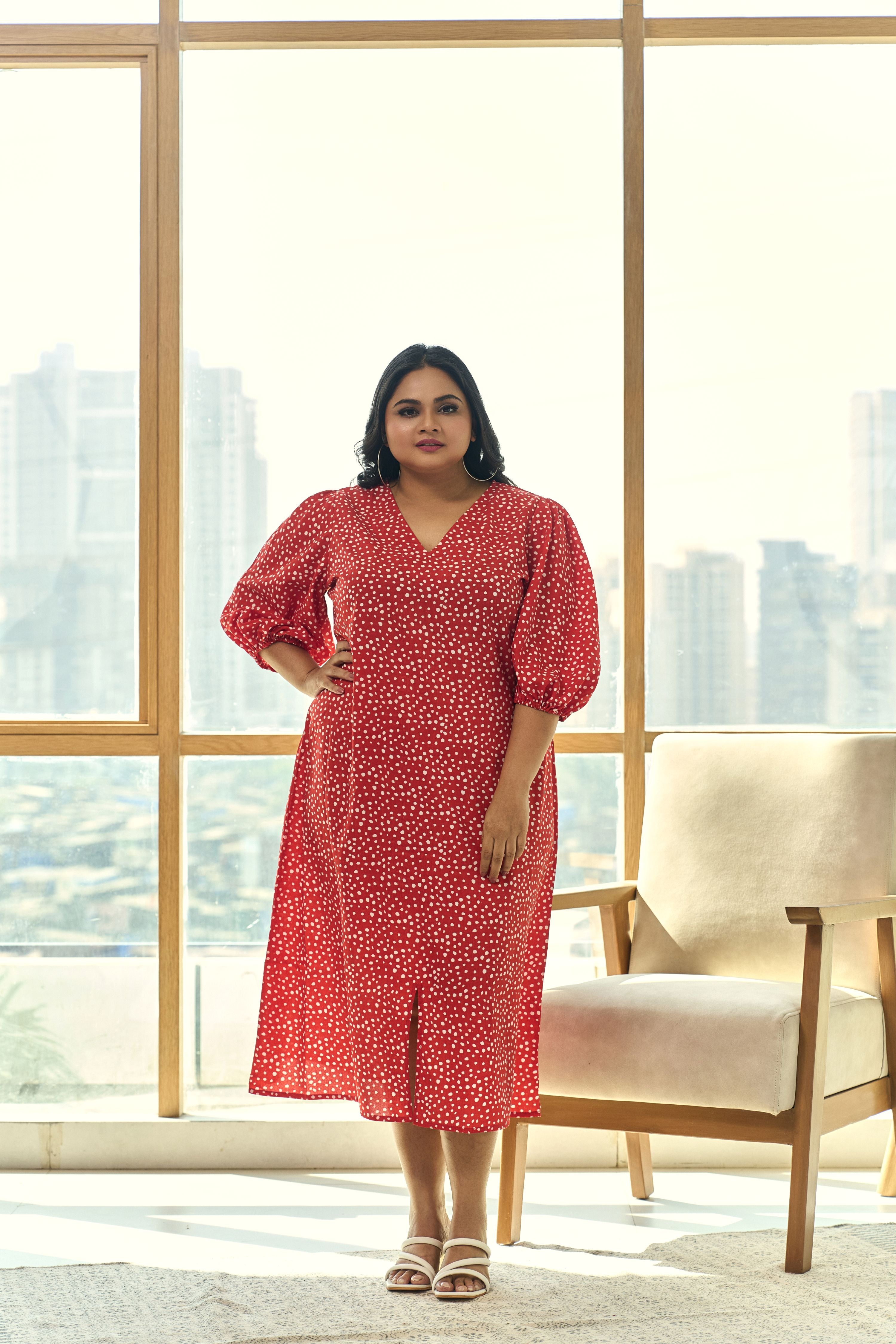 Trendy Red Animal Print Crepe Midi Dress – Party Perfect