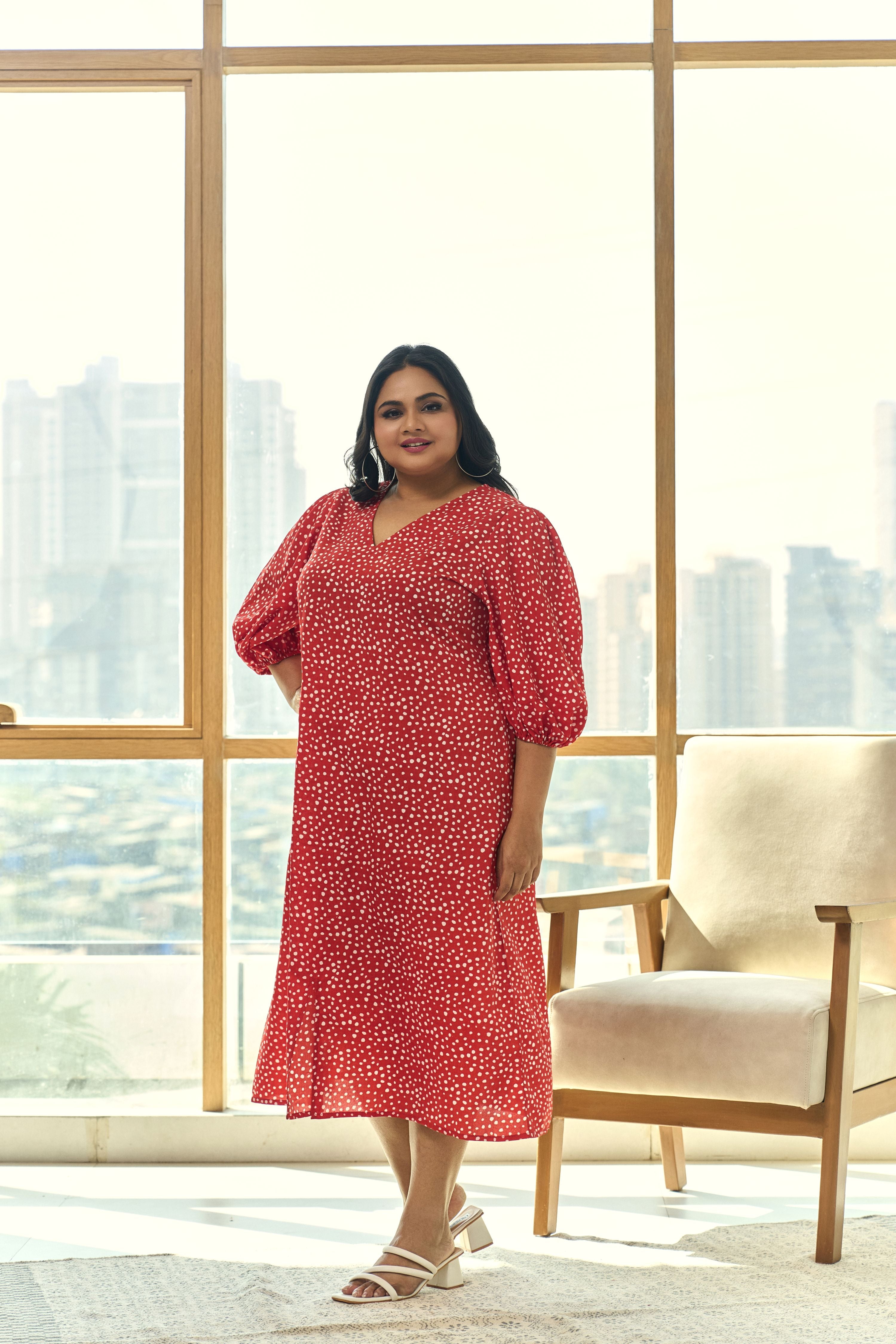 Trendy Red Animal Print Crepe Midi Dress – Party Perfect