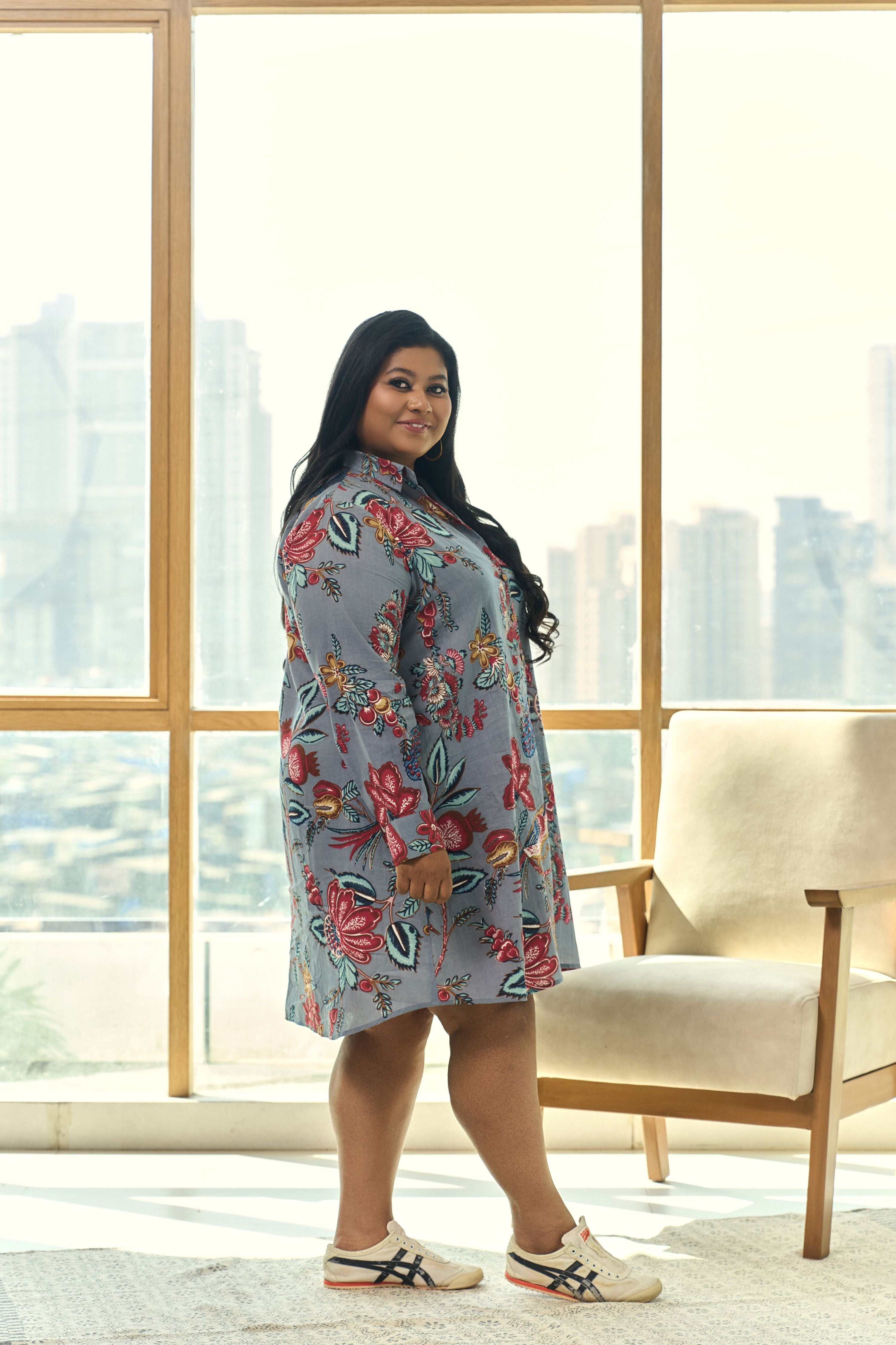 Grey Fruit Print Cotton Shirt Dress