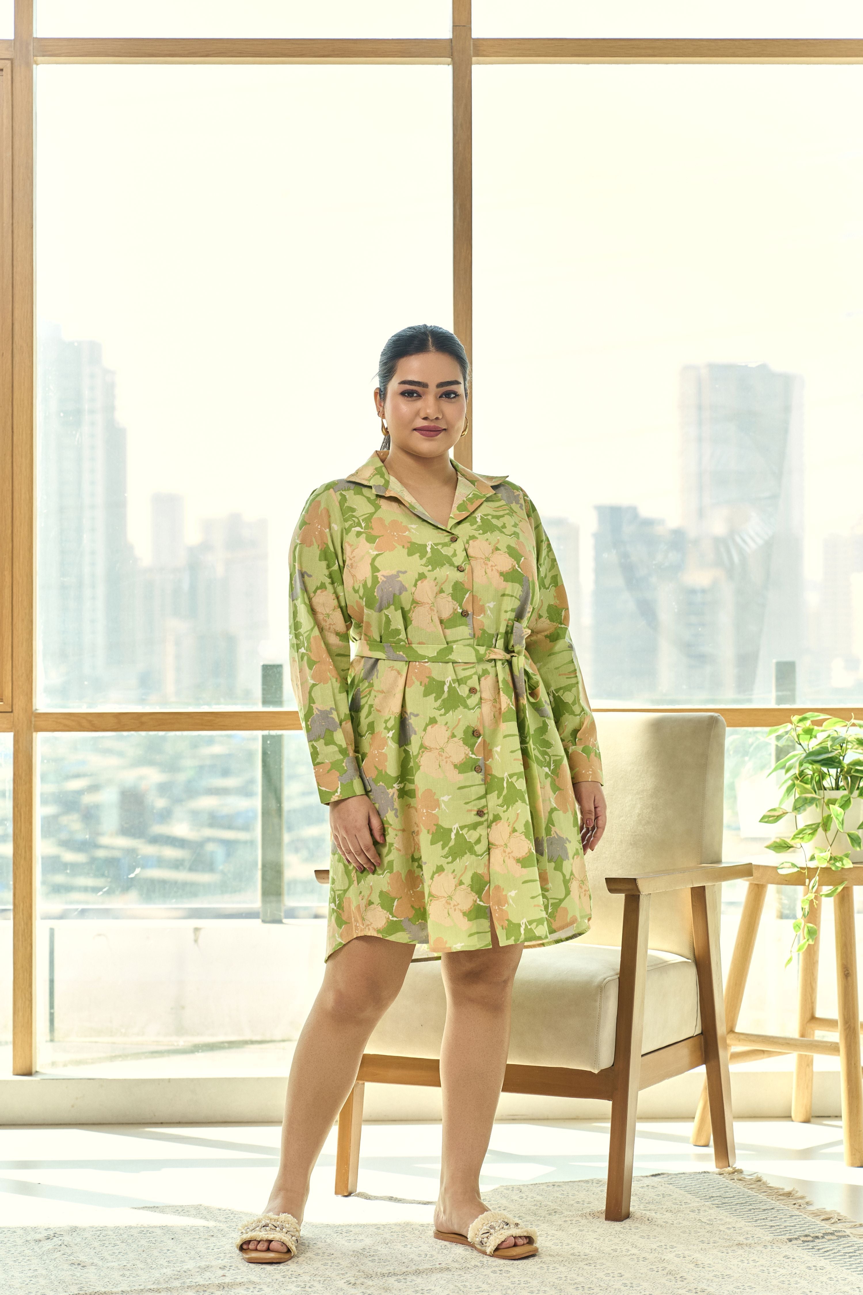 Lime Green Floral Linen Shirt Dress with Belt