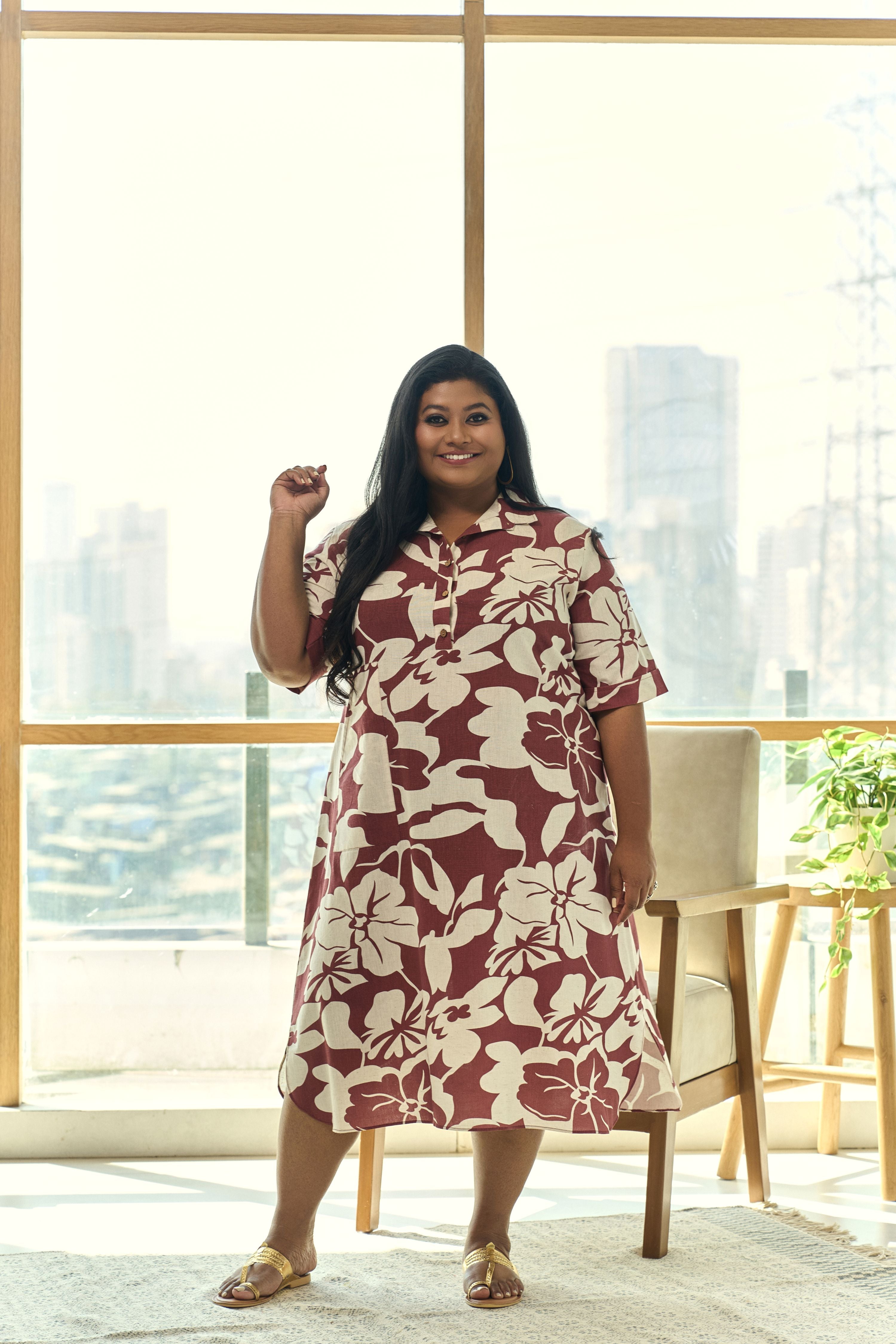 Brown & Beige Floral Print Linen Midi Dress