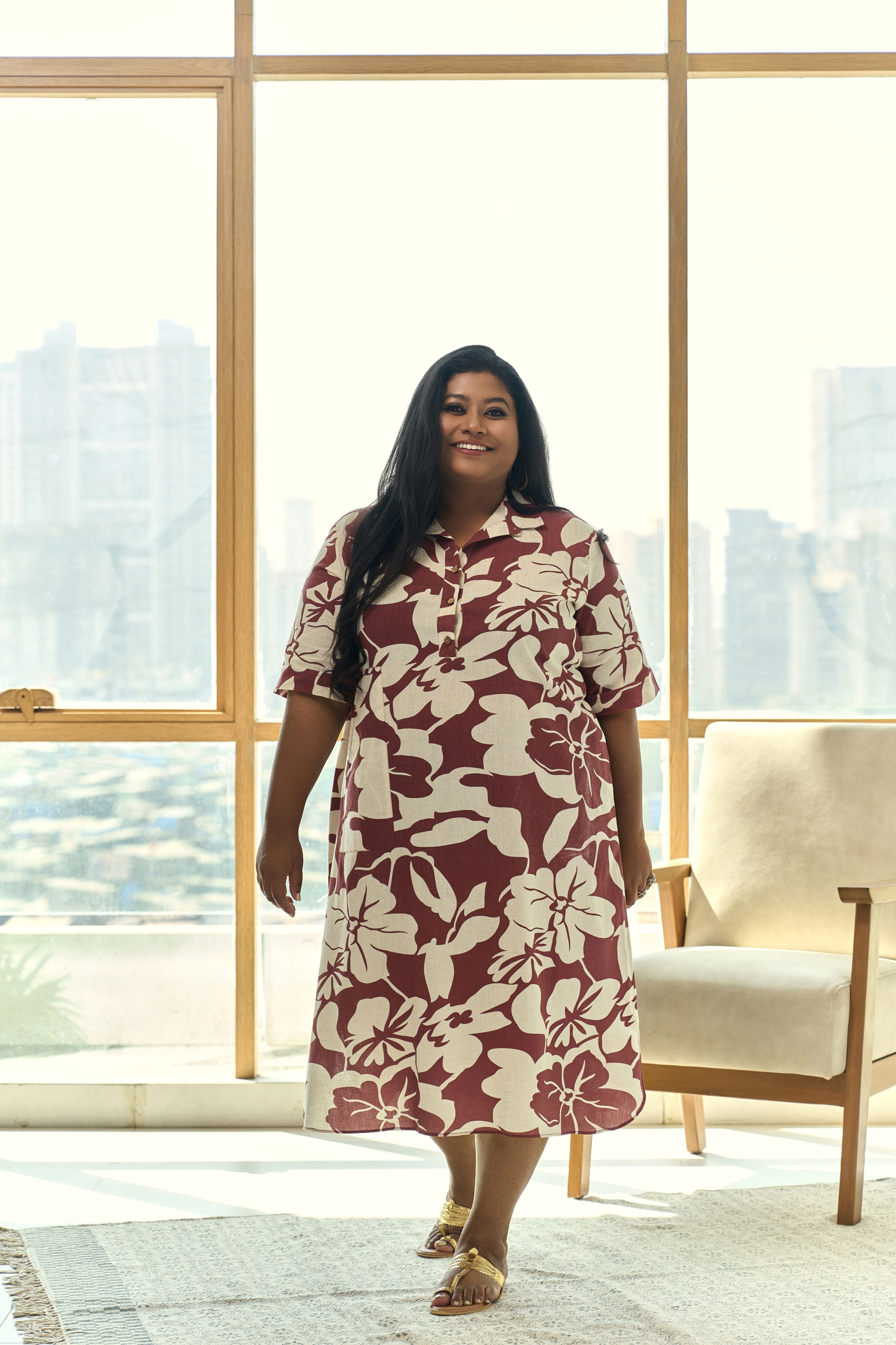 Brown & Beige Floral Print Linen Midi Dress