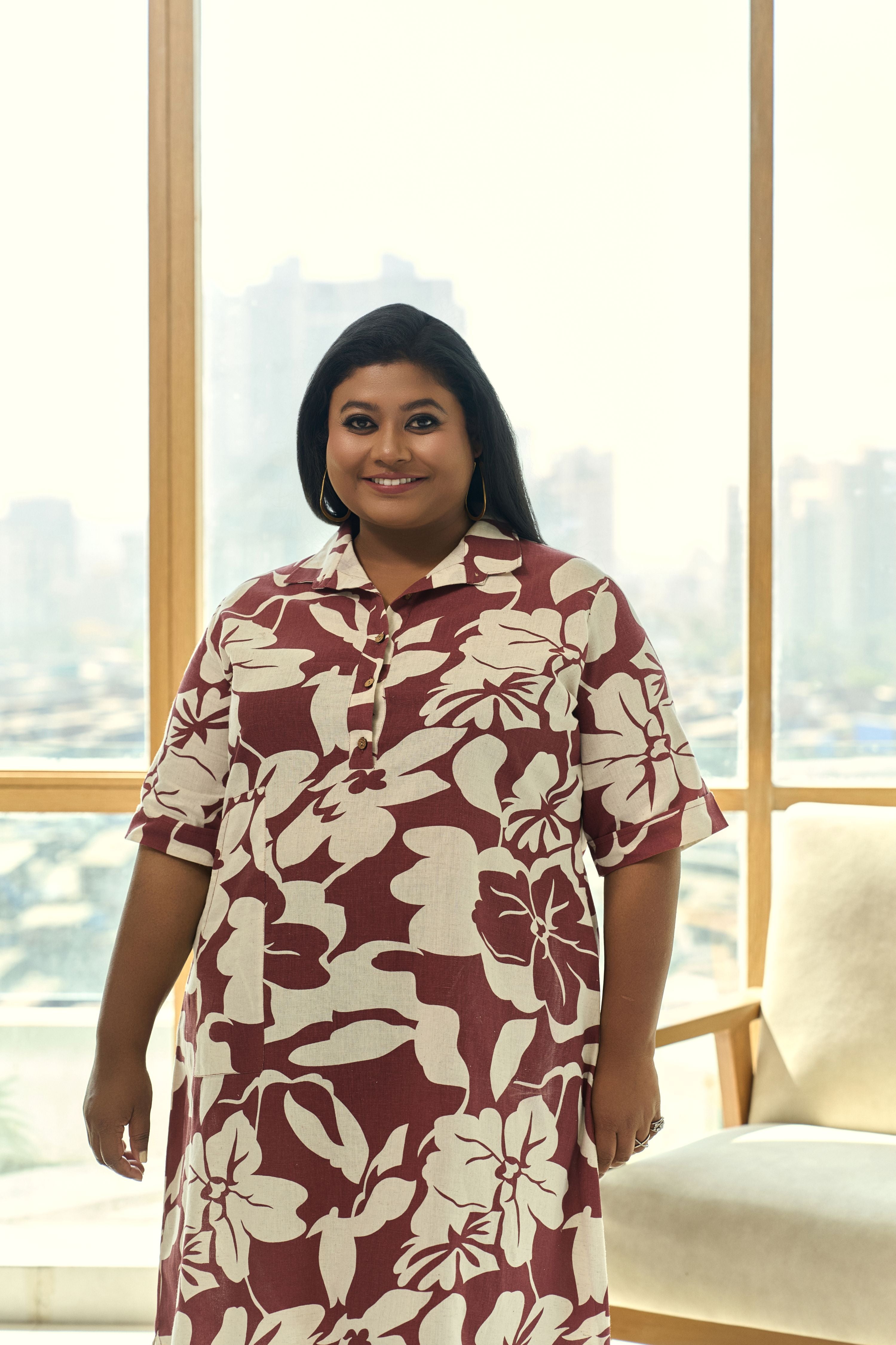 Brown & Beige Floral Print Linen Midi Dress