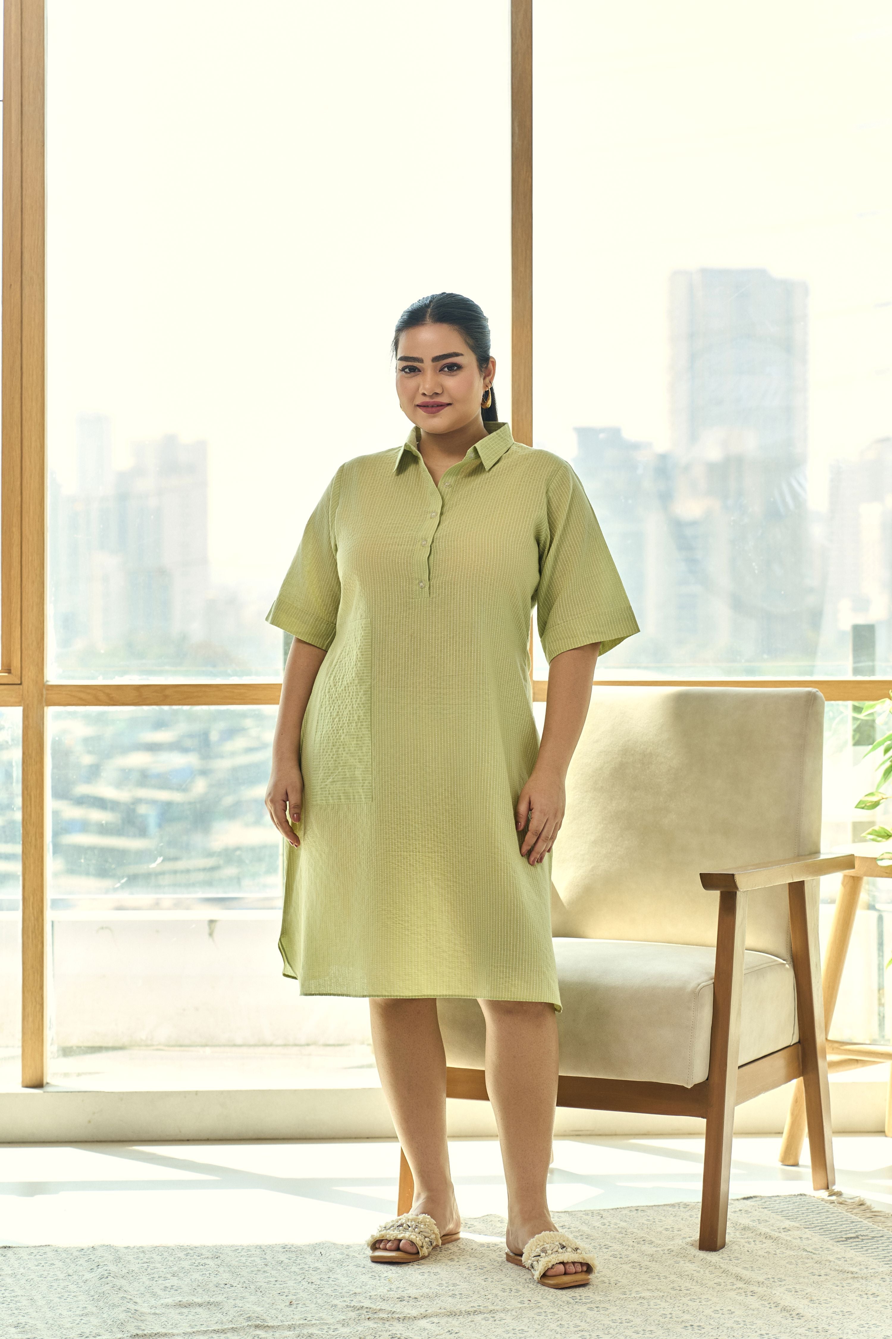 Green Kantha Cambric Cotton Dress with Functional Buttons