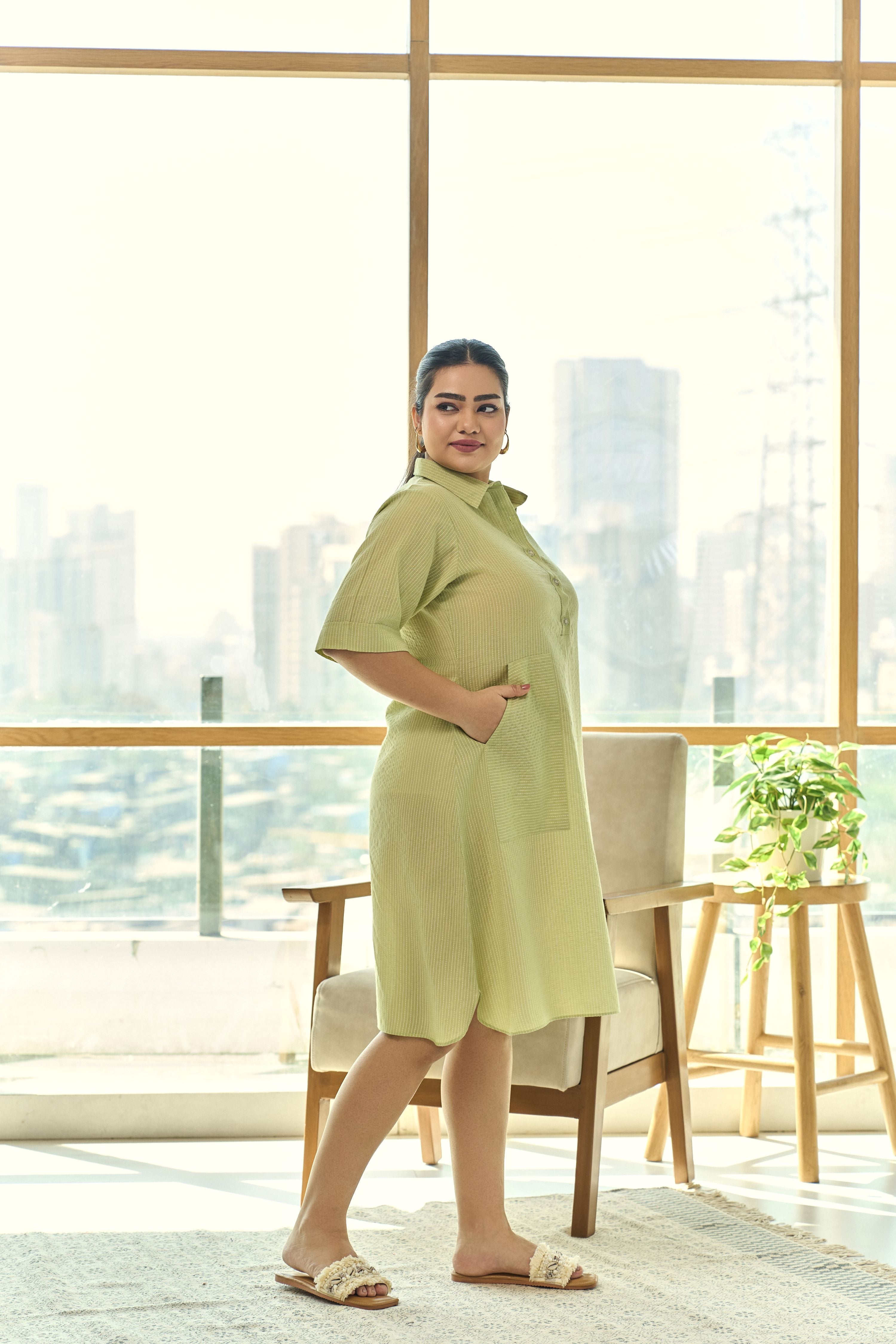 Green Kantha Cambric Cotton Dress with Functional Buttons