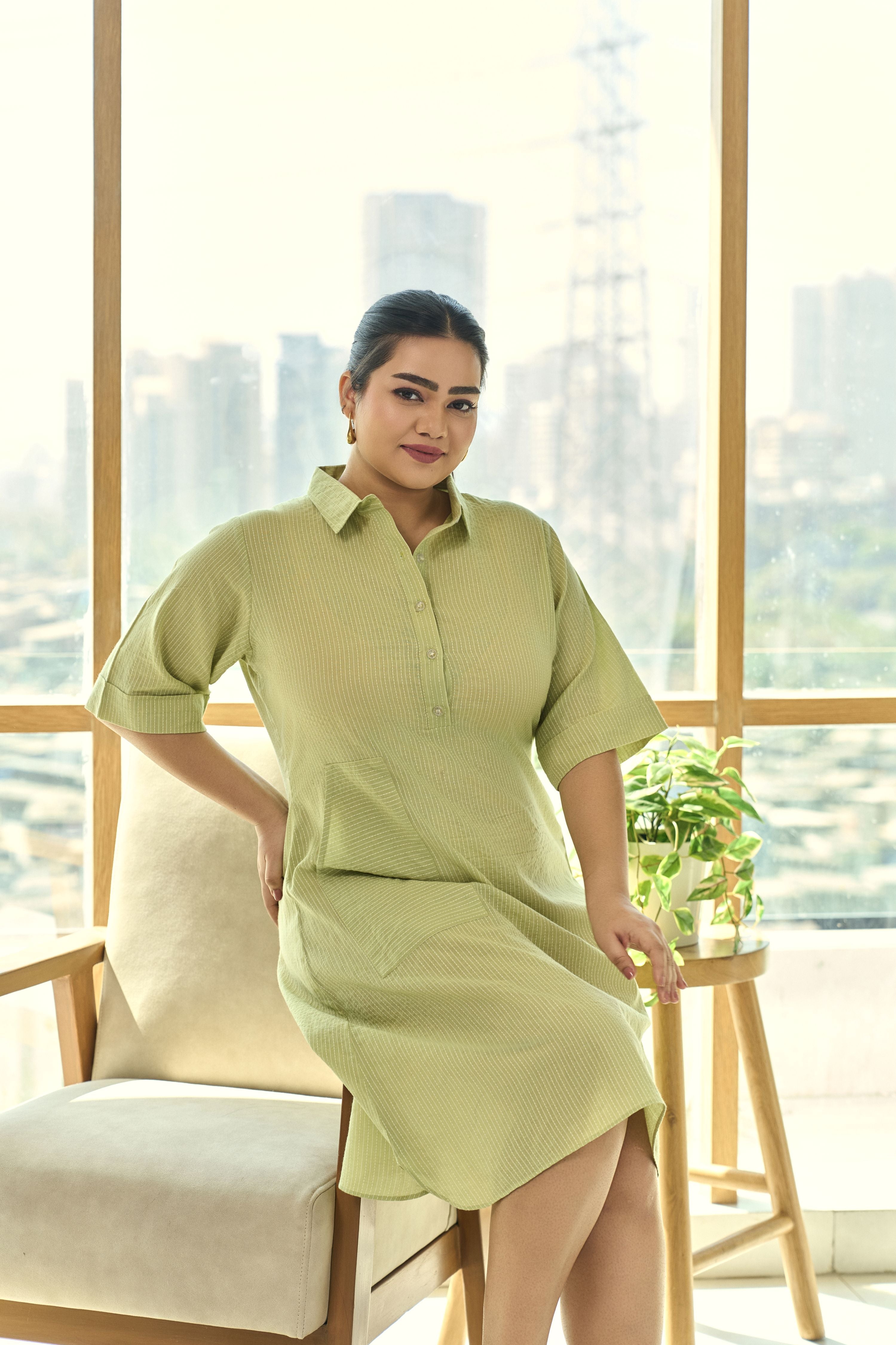 Green Kantha Cambric Cotton Dress with Functional Buttons