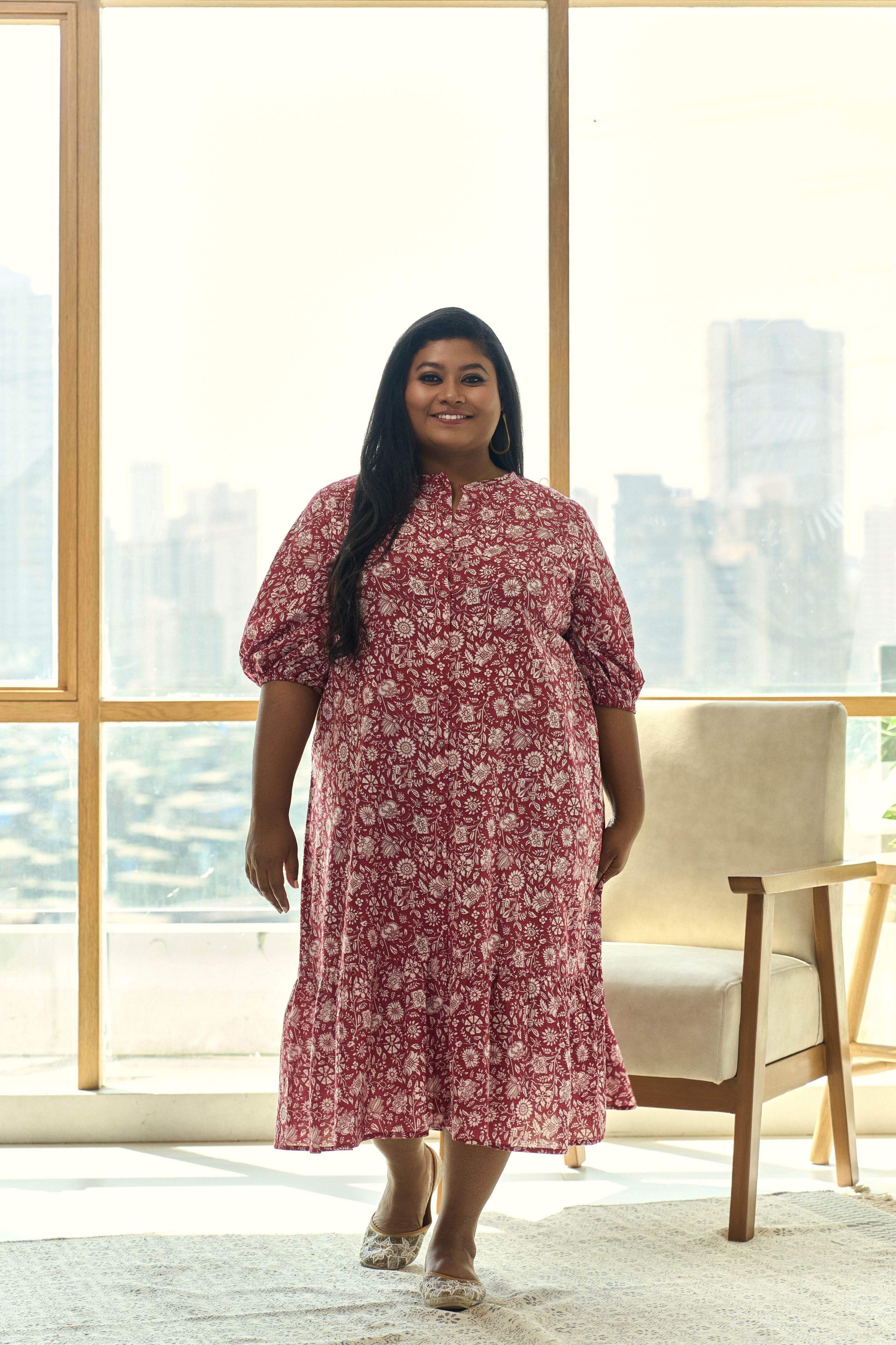 Red Floral Print Tiered Cotton Maxi Dress