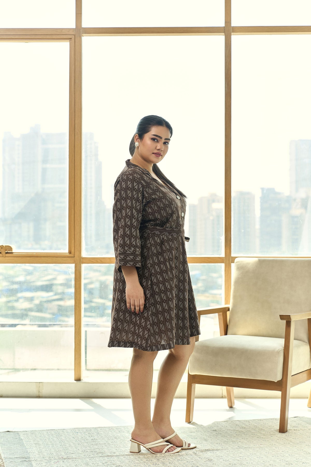 Mocha Brown Ajrakh Print Kantha 100% Cotton Shirt Dress with Belt
