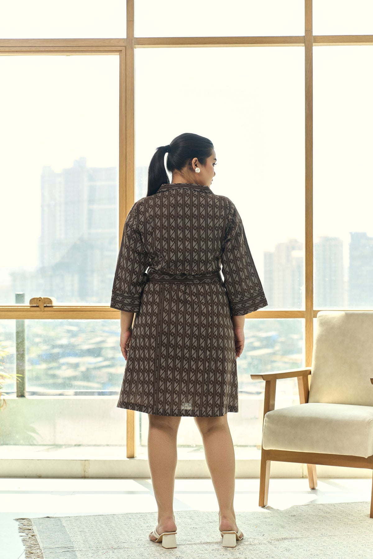 Mocha Brown Ajrakh Print Kantha 100% Cotton Shirt Dress with Belt
