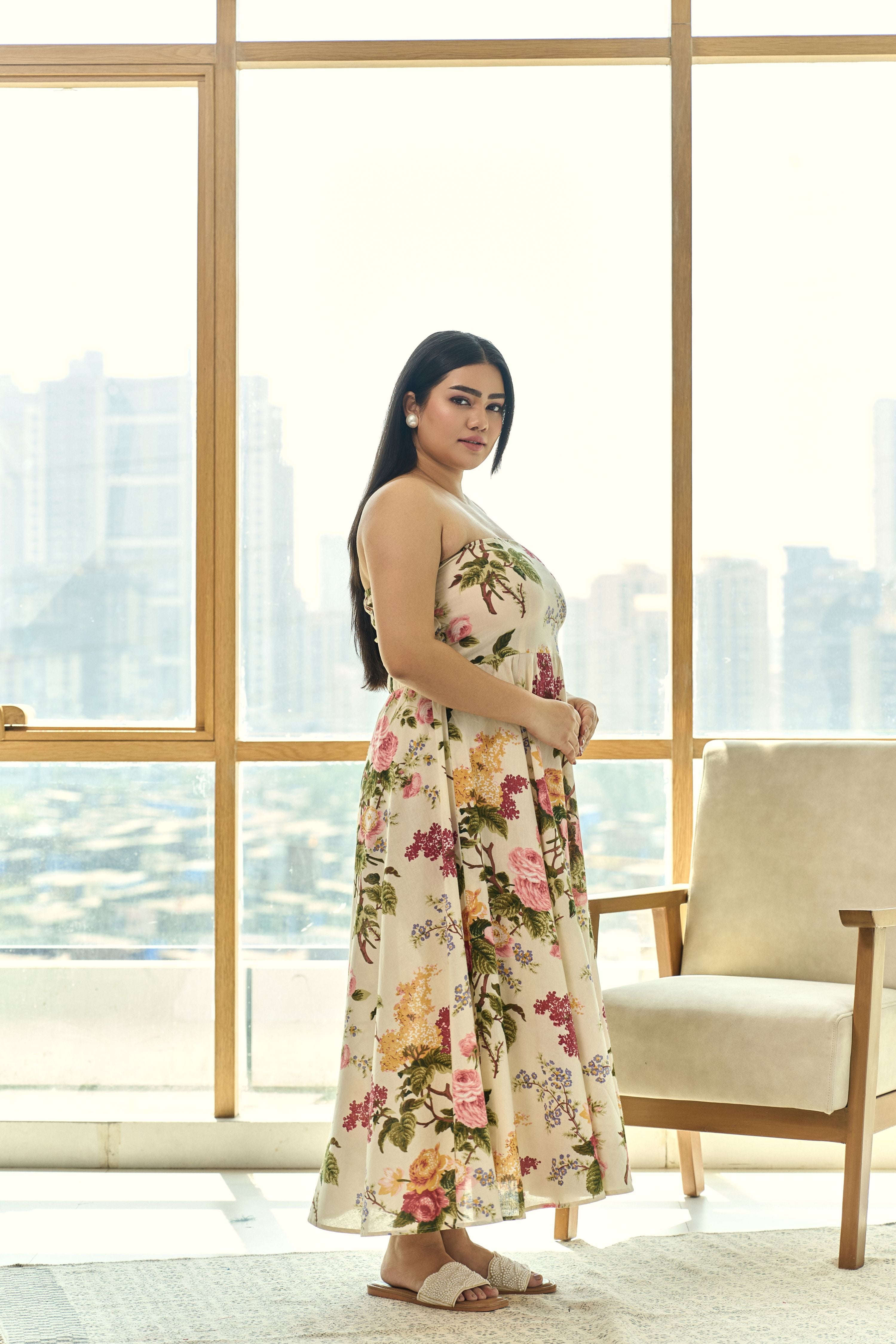 Beige Pleated Floral Cotton Tube Dress – Chic & Elegant