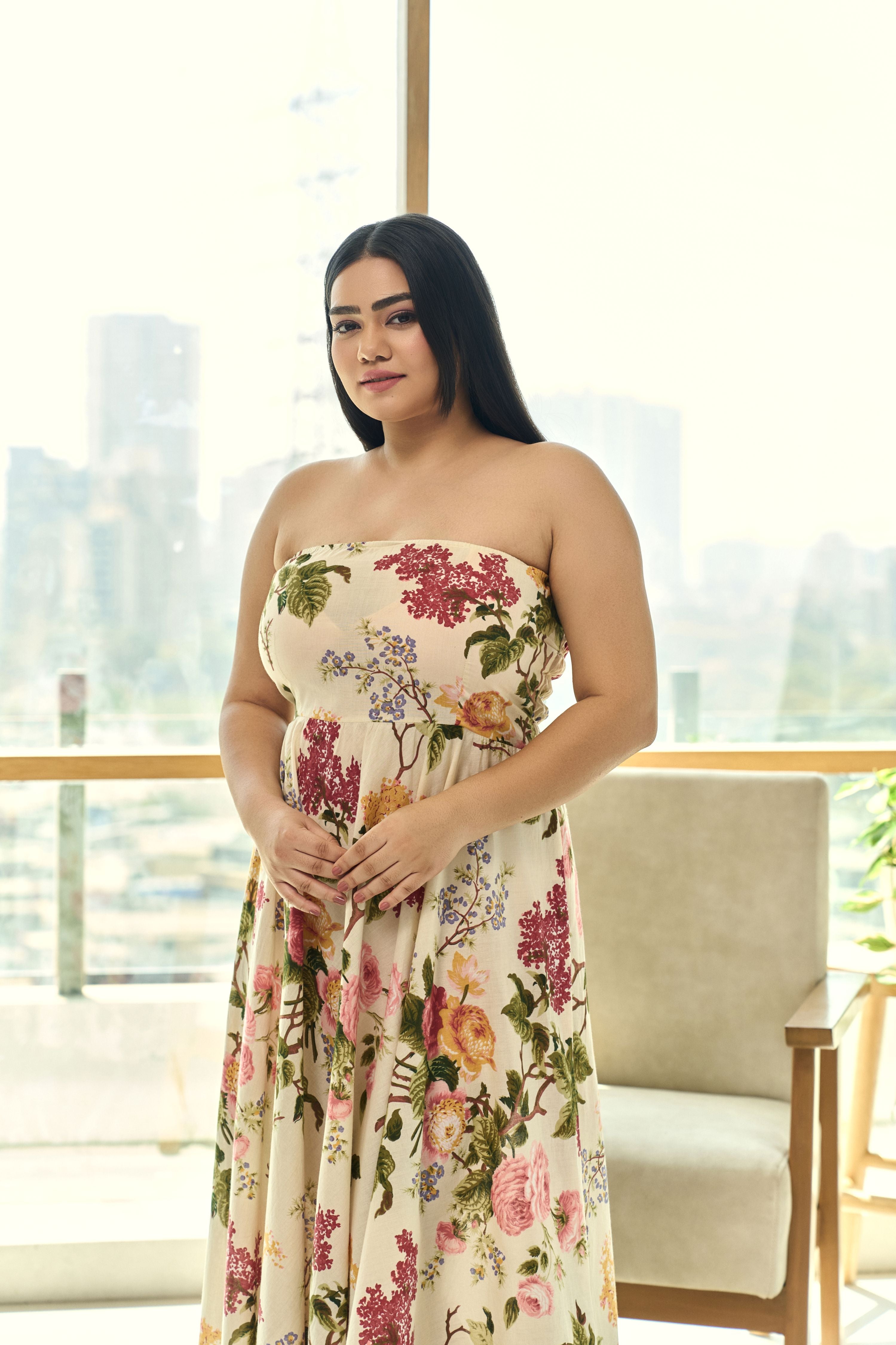 Beige Pleated Floral Cotton Tube Dress – Chic & Elegant