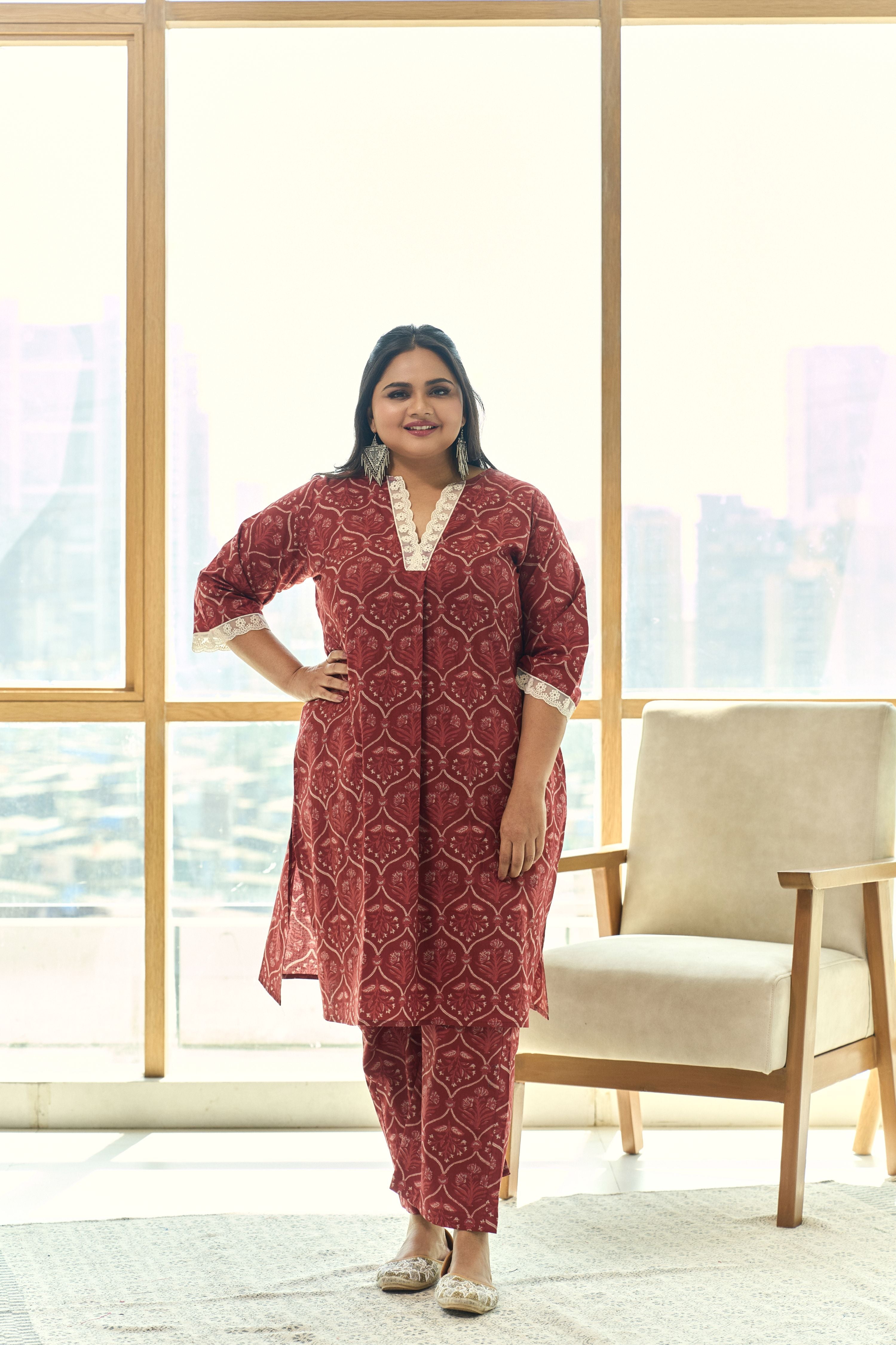 Rust Red Handblock Cotton Co-ord Set