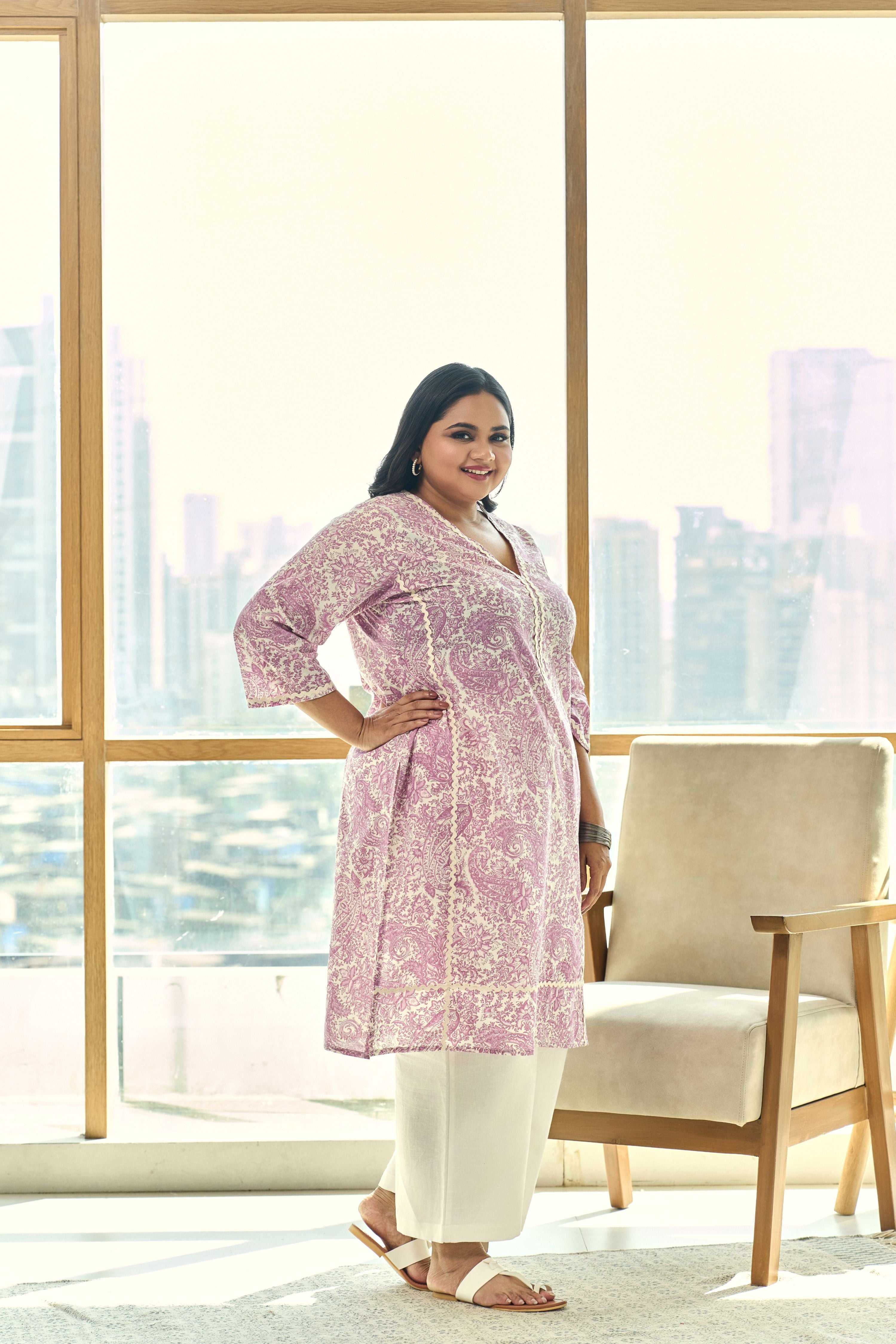 Elegant Block Print Dusty Lilac Kurta(only kurta)