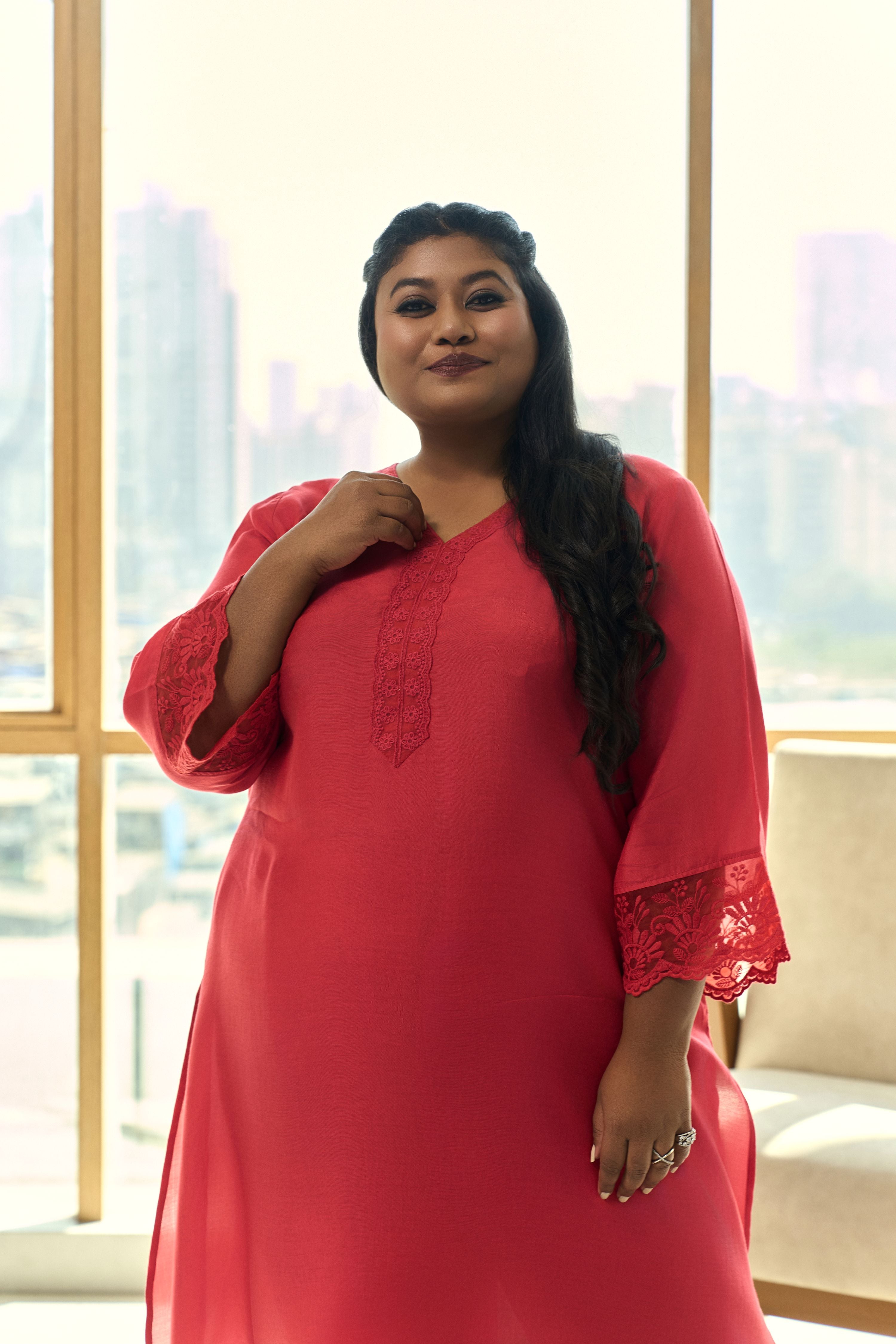 Red Muslin Kurta Set with Organza Lace -Festive Elegance ( Set of 2 )