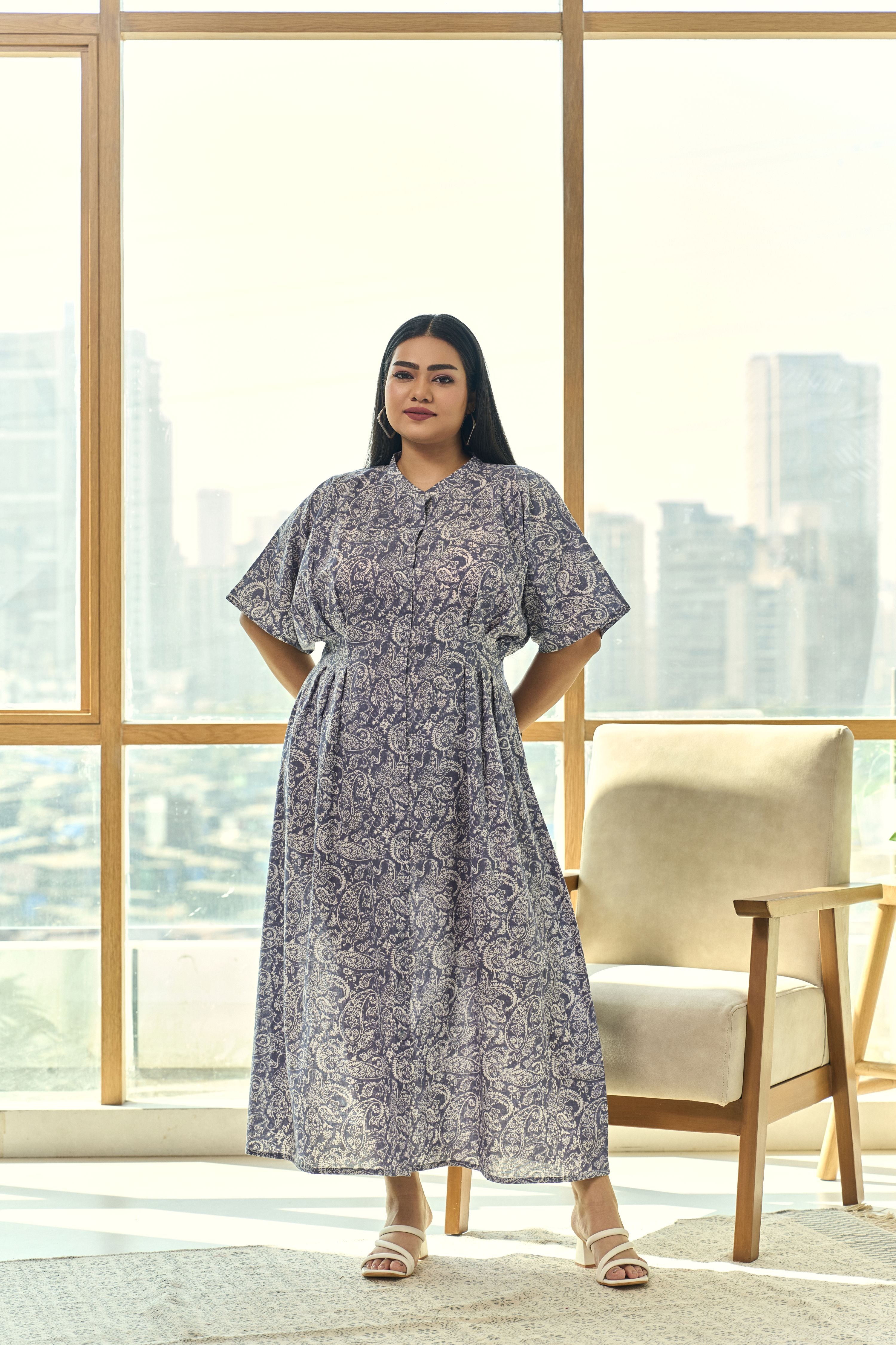 Summer Chic Pleated Screen Print Cotton Maxi Dress