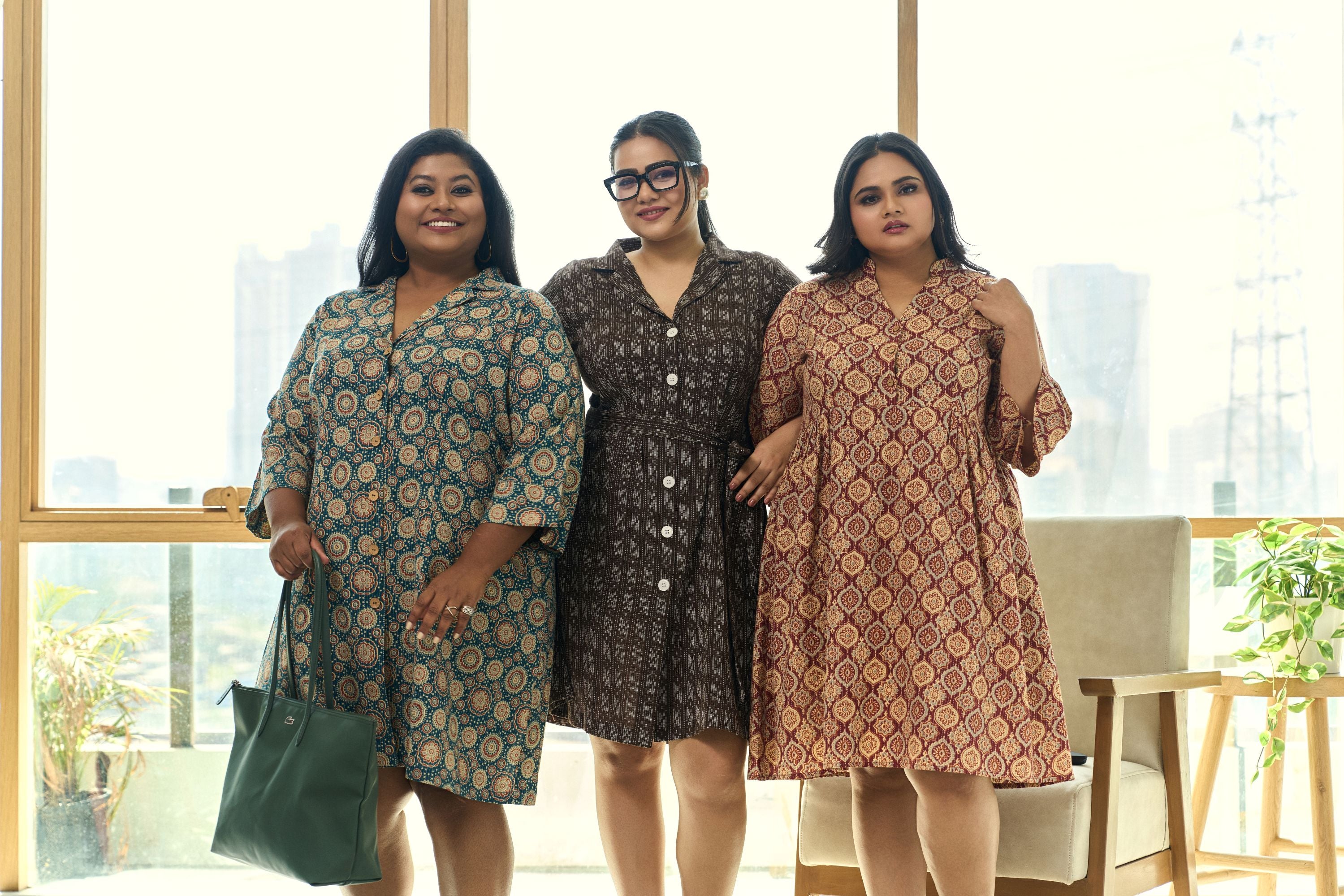 Teal Blue Ajrakh Print Kantha Cotton Short Shirt Dress